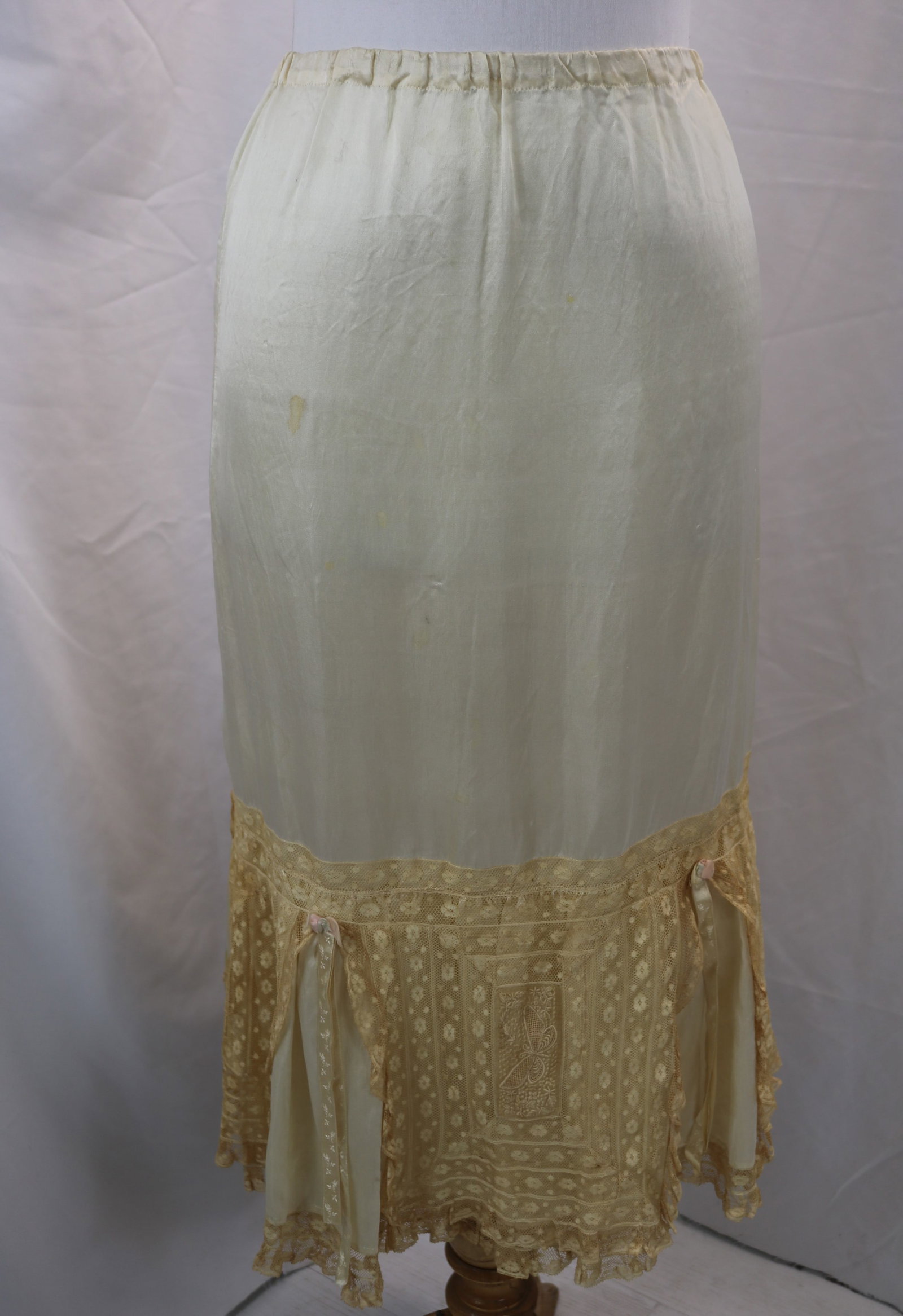 Antique Silk & Lace Petticoat, Lace with Butterfly Insert: approx. 36 waist, has minor spots, lace is discolored, see photo's