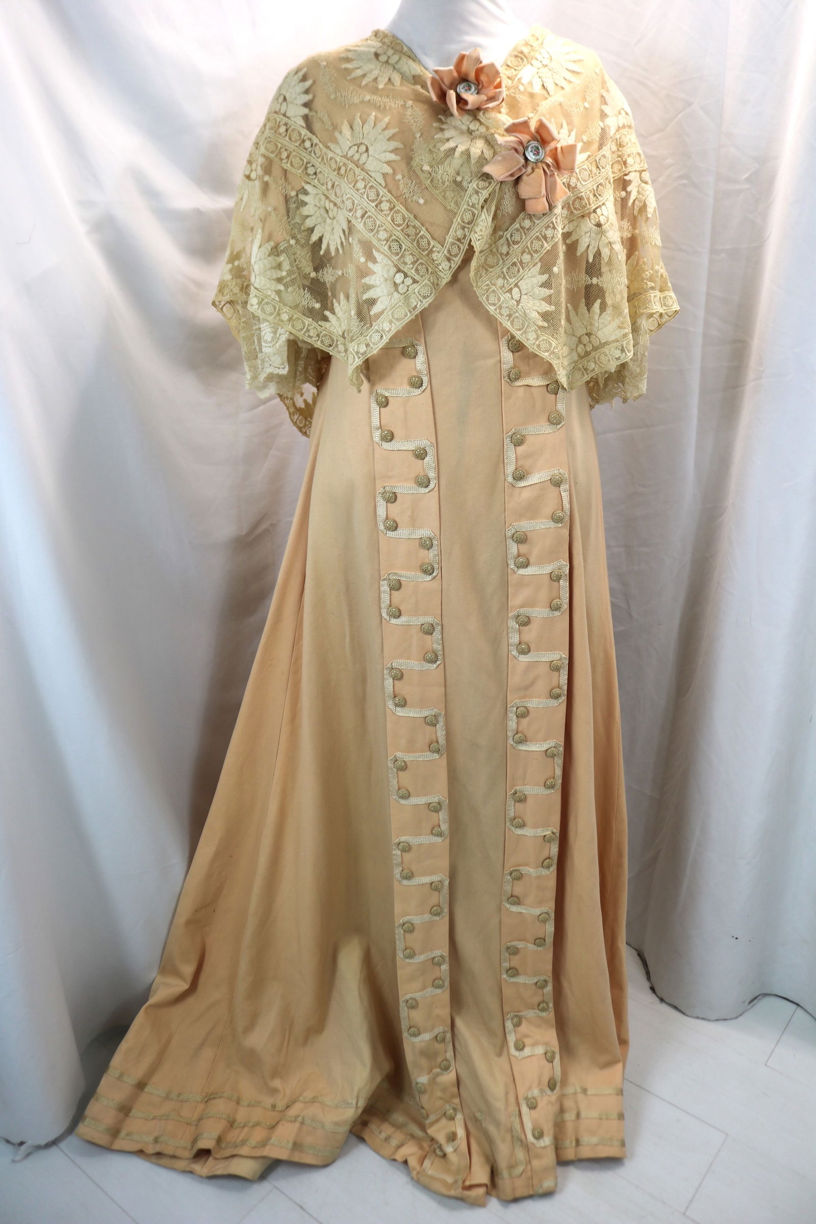 French 19th C. Peach Gown with Lace, Ribbon, Irish Crochet Button Detail & Hand Painted Enamel (1 of 13)