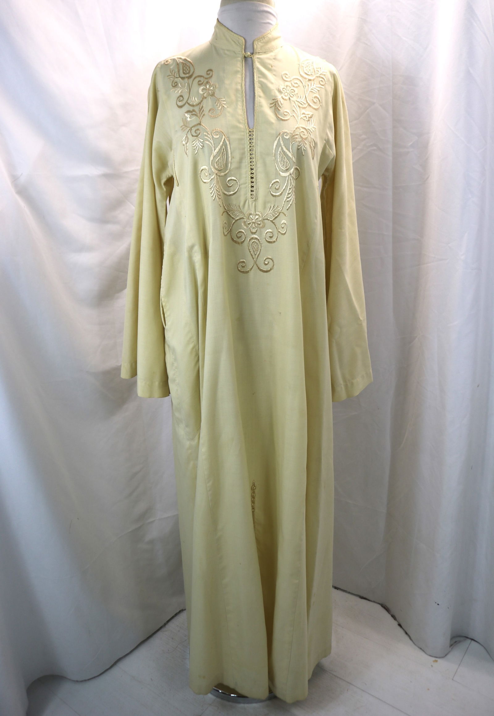 Vintage 1970's Caftan with Silk Embroidery & Fabric Buttons All The Way Down Sleeves: approx. 40 bust, 44 waist, a couple pin dot spots, see photo's