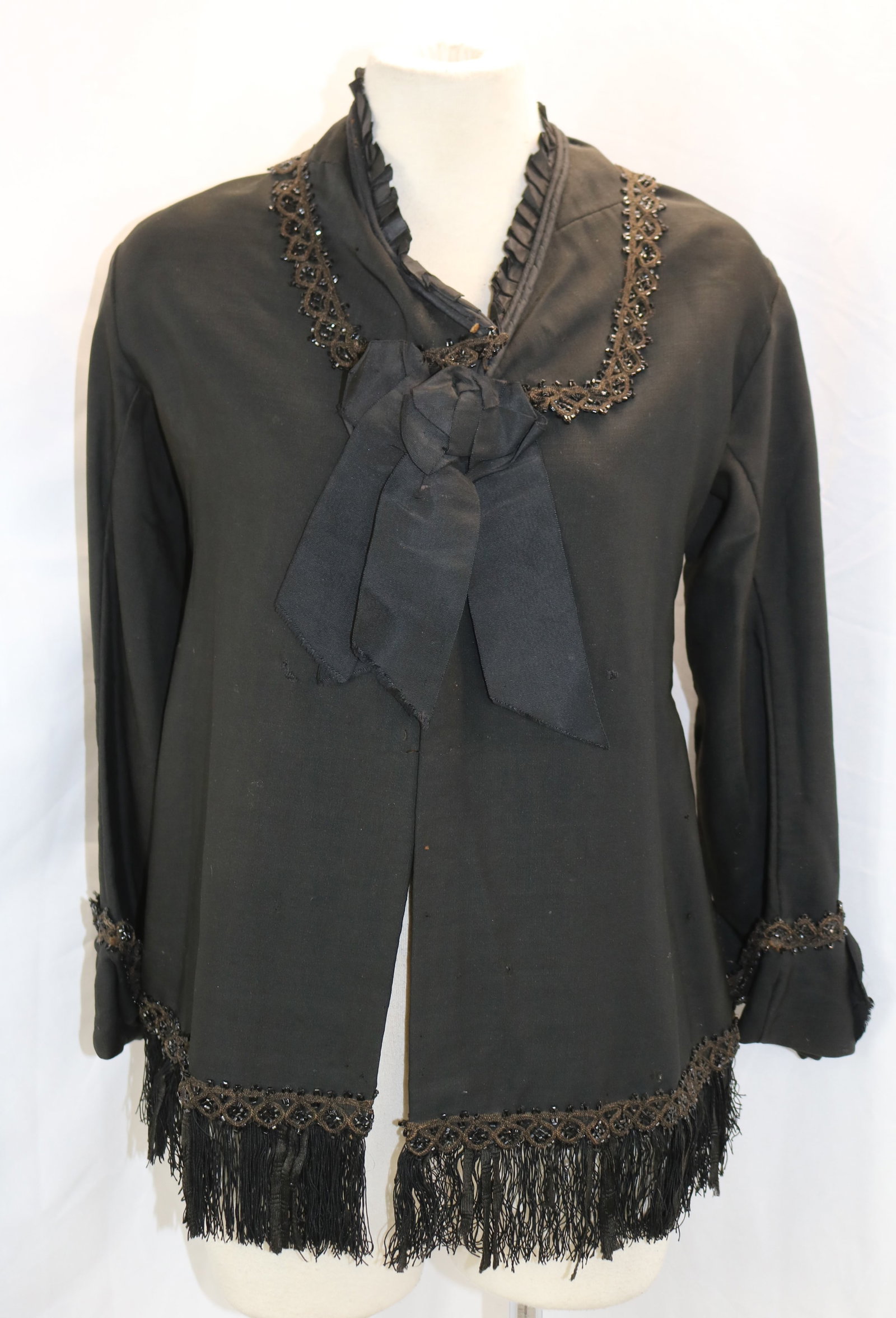 Antique 1880's Evening Caplet with Jet Black Beading & Fringe Trim: approx. 34 bust, 32 waist, tiny holes, see photo's