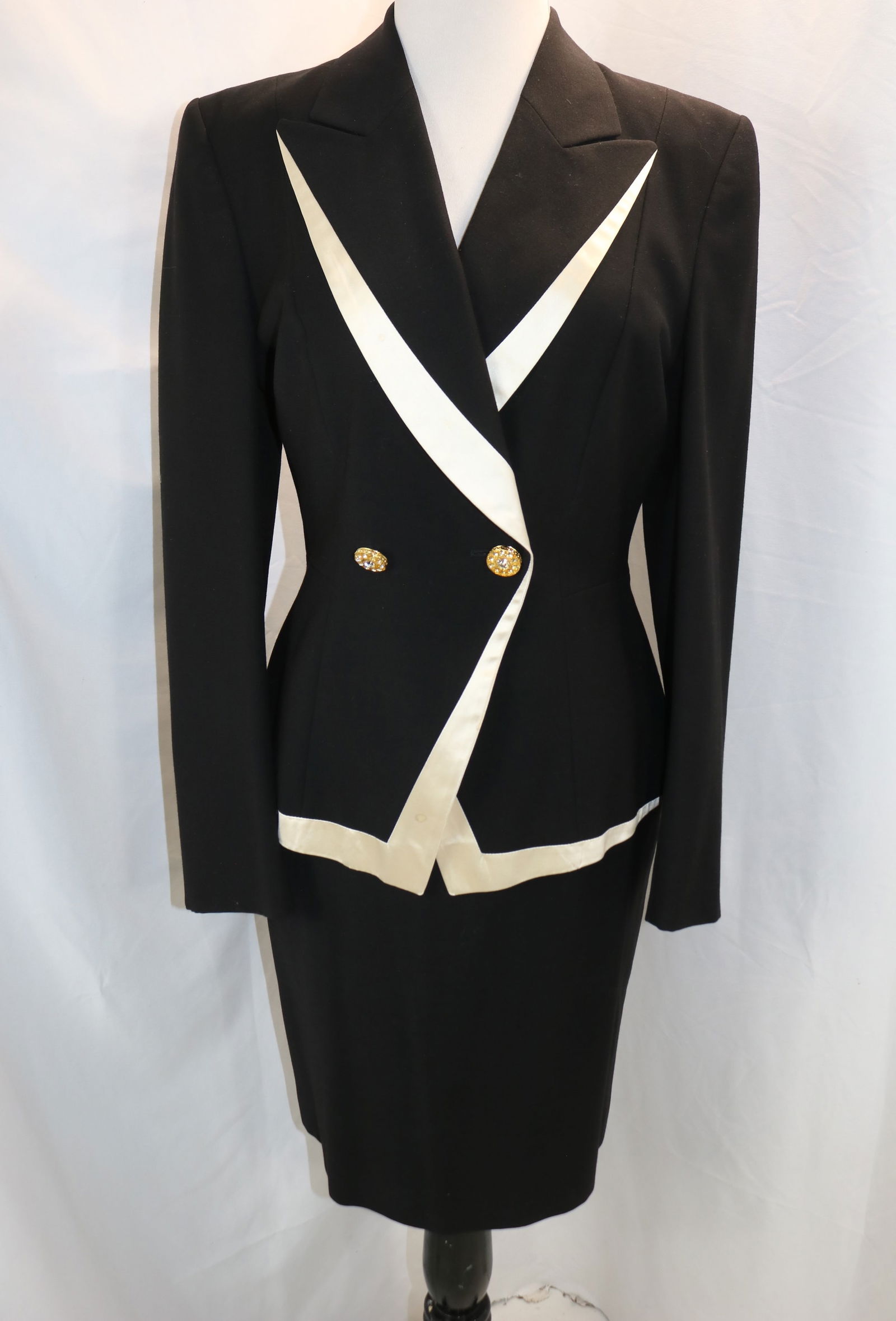 Vintage 1980's Escada Couture Classy Black & White Rayon Skirt & Jacket Set: approx. 38 bust, 26 waist, some stains on white trim and fray on edge of cuffs, see photo's