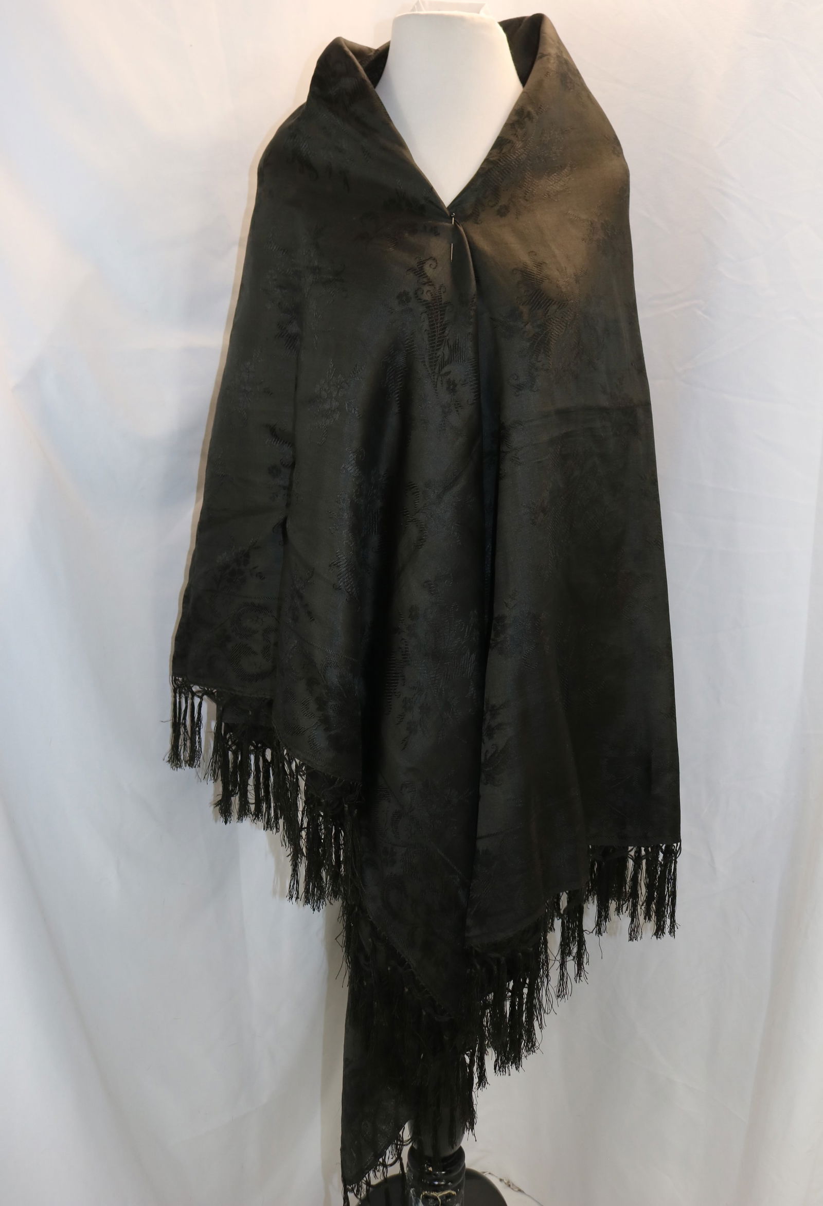 Antique Civil War Era Black on Black Silk Piano Shawl with Fringe: approx. 62 square, tiny holes, see photo's