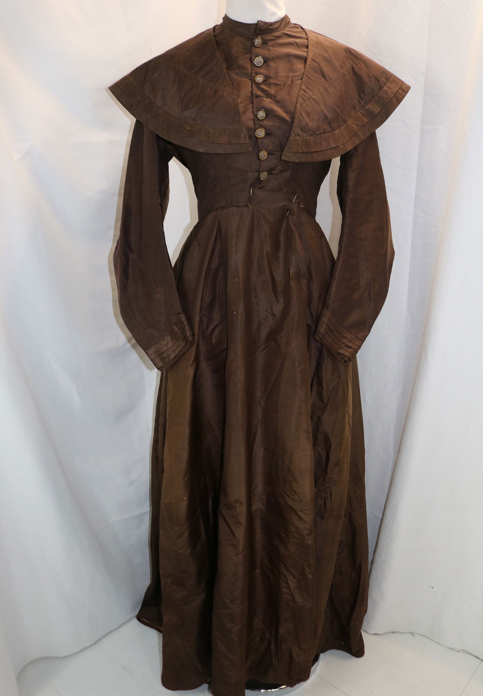Antique Mid-1800's Brown Silk Taffeta Dress with Shawl (1 of 17)