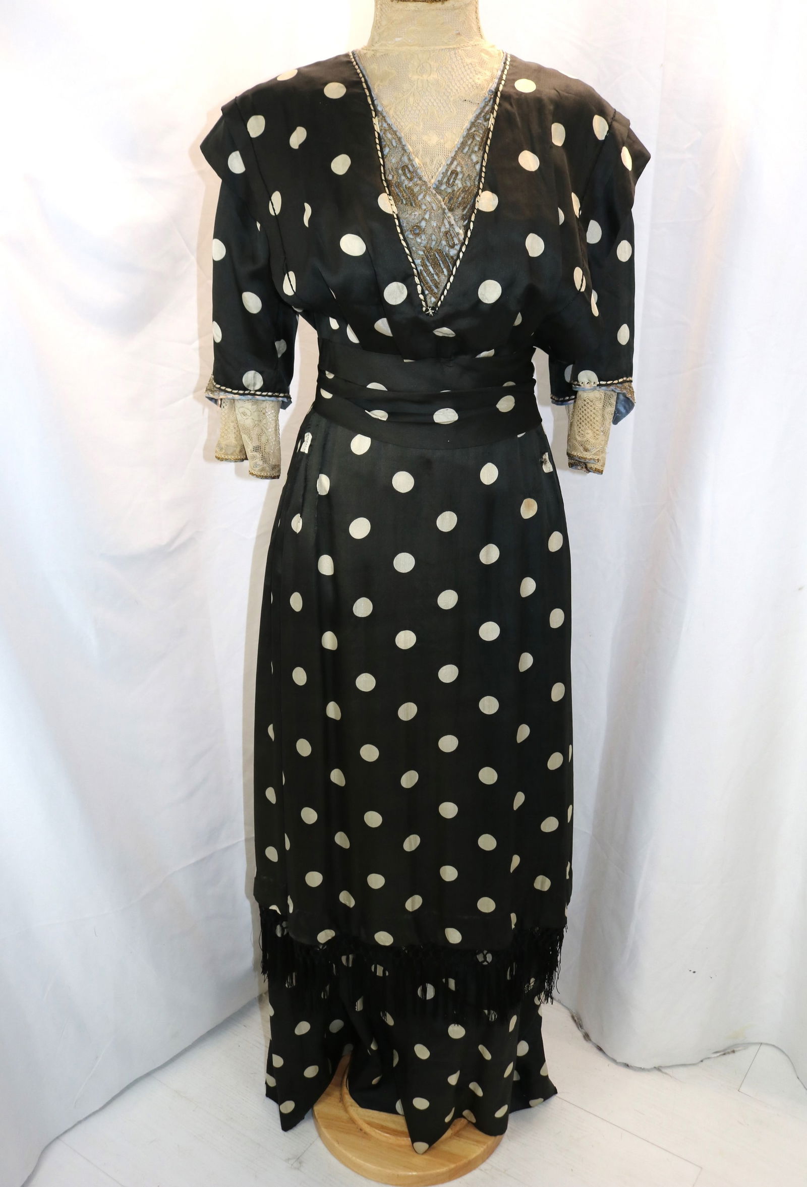 Antique 1900/1910's Black Silk Dot Evening Dress with Metallic Lace & Fringe (1 of 14)