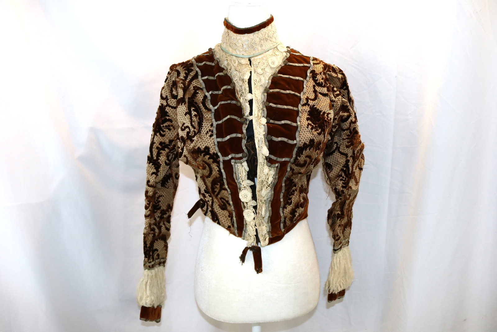 Antique Late 1800's Silk Cut Velvet Bodice with Lace, Great Fabric Pattern: approx. 36 bust, 26 waist some fray, see photo's, signed inside, Richardson