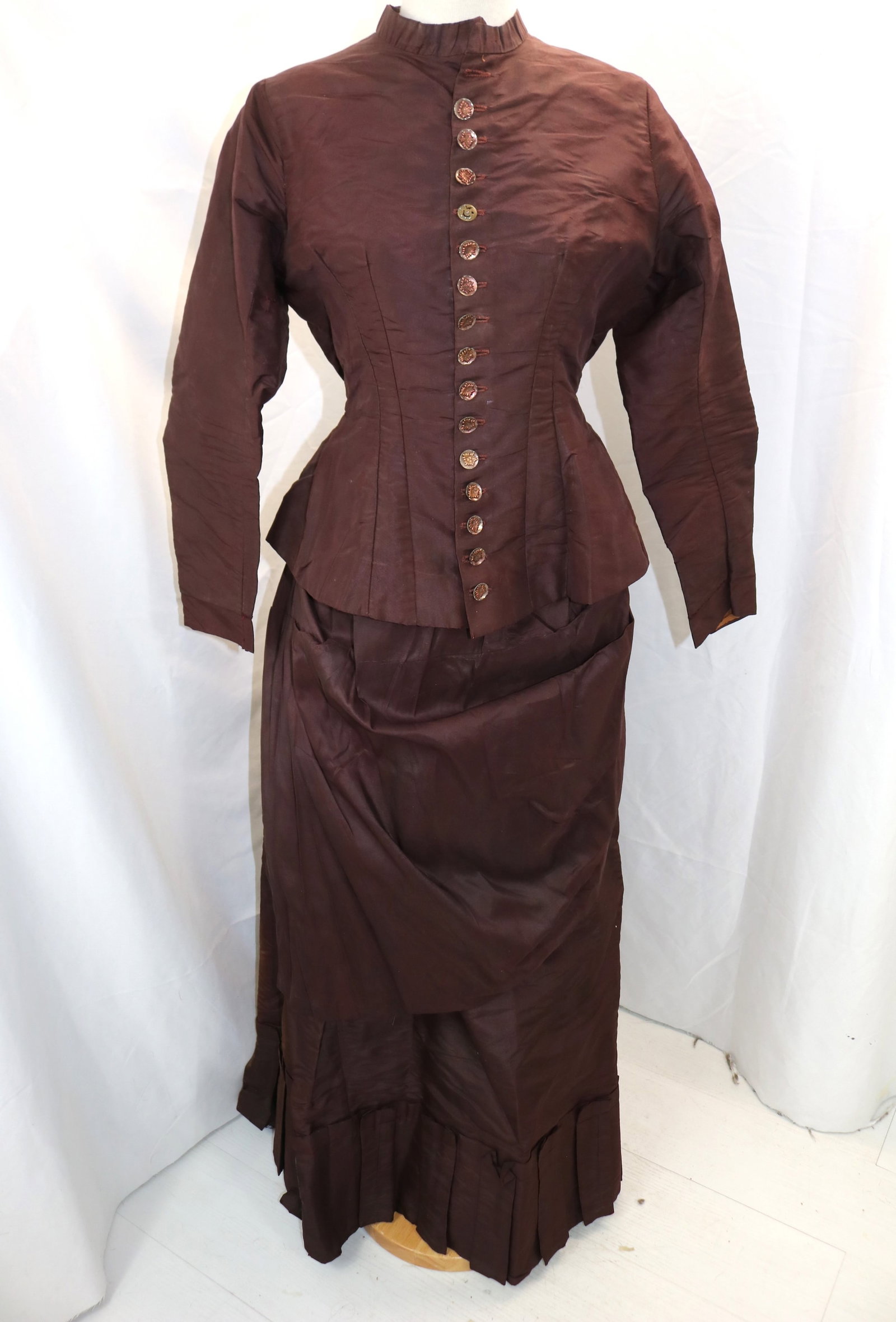 Antique 1870's Burgundy Taffeta Skirt & Bodice with Layered Bustle Back & Steel cut Buttons: approx. 32 bust, 24 waist, underarm damage, has one missing & one odd button, faded, see photo's