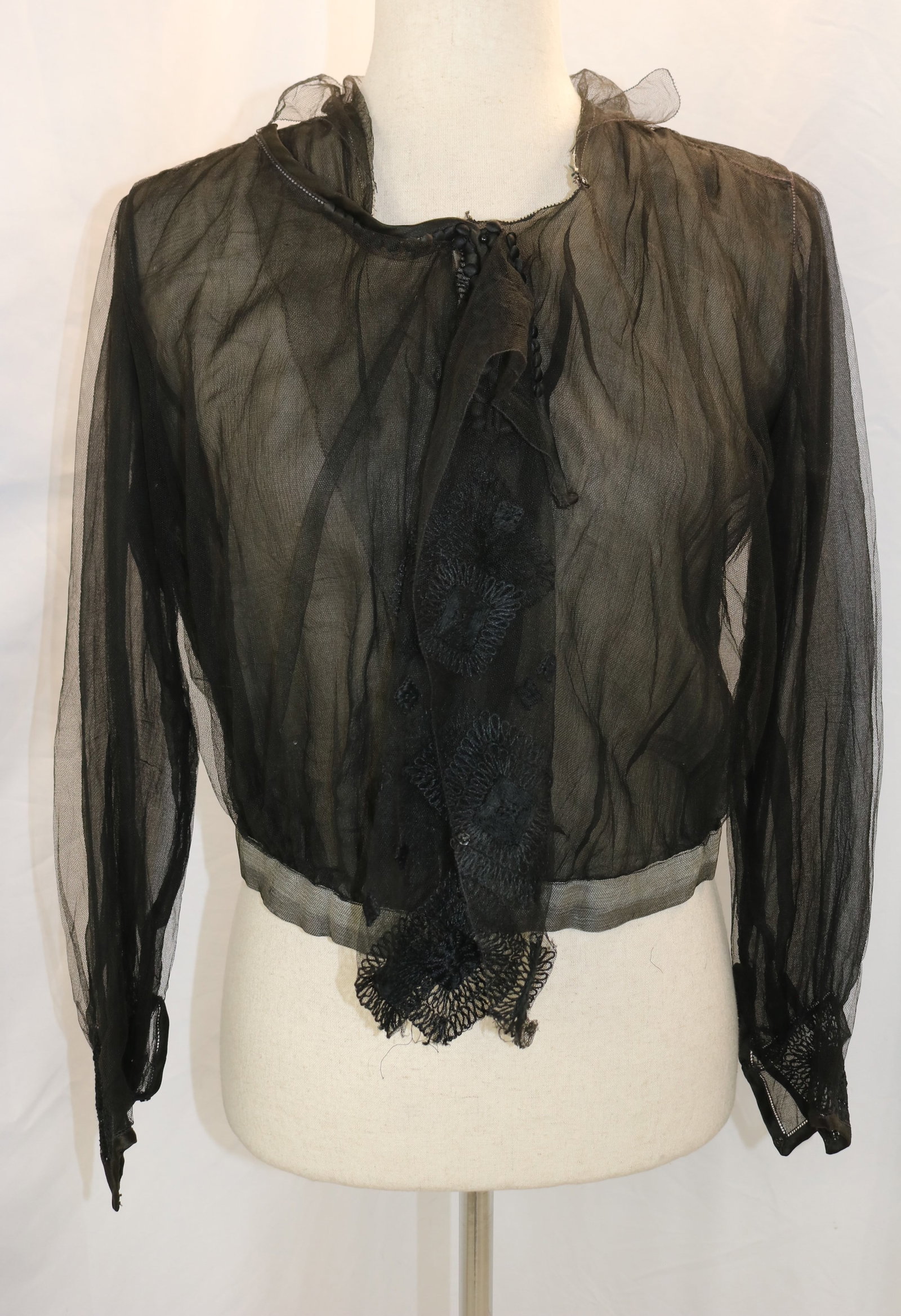 Arts & Crafts Era Black Net Blouse with Grey Tissue Silk Under & Lace & Tassel Trim: approx. 38 bust, 28 waist, seems to be in good condition, see photo's