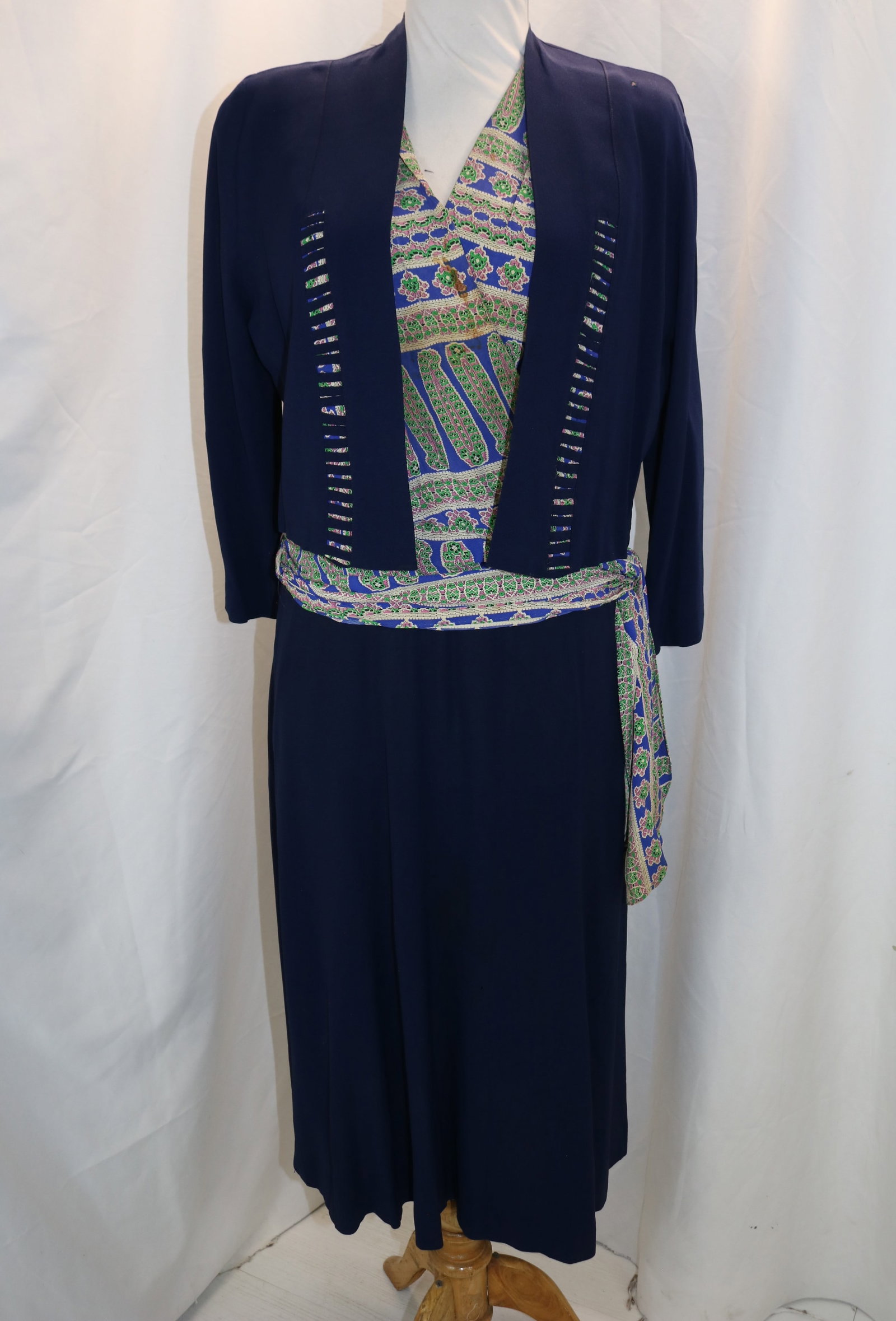 Vintage 1940's 2 piece rayon dress and jacket set: approx. 38 bust, 28 waist, dress has stains, and tiny holes, jacket has faded shoulders & hole on shoulder, see photo's