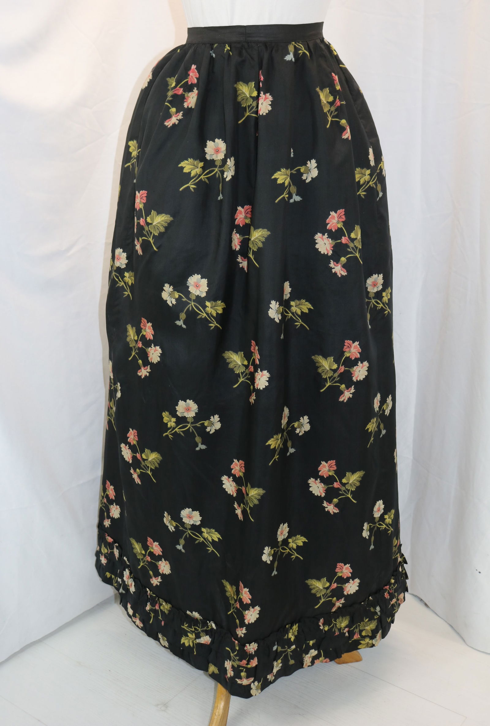 1890's black silk floral print skirt with triple ruffle hem (1 of 7)