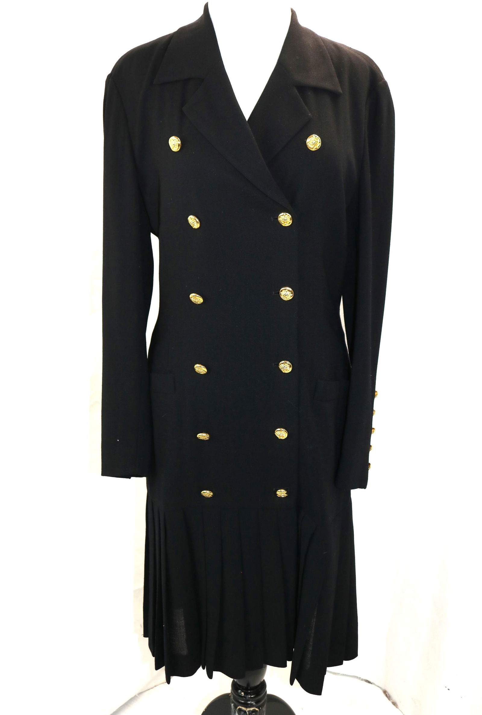1980's Escada black wool double breasted coat/dress: approx. 40 bust, 32 waist, good condition, see photo's