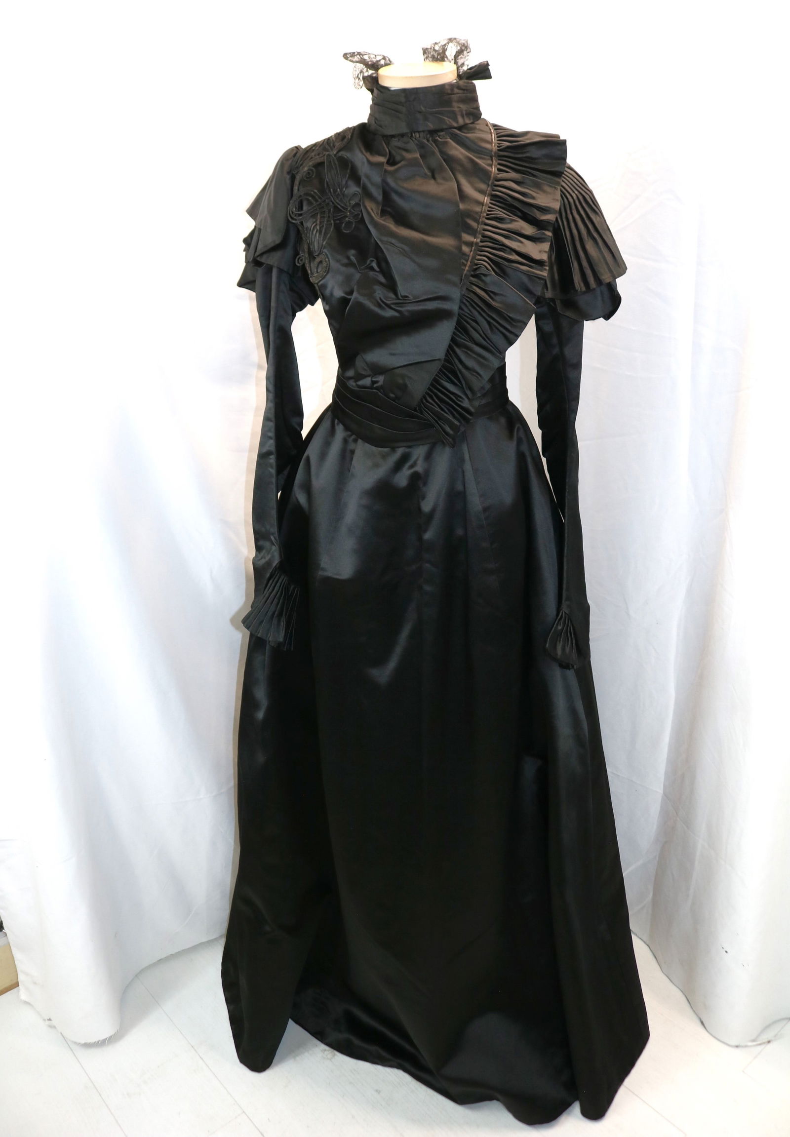 Antique 1890's black silk/ satin skirt & bodice with ruffles & soutache embellishment (1 of 13)