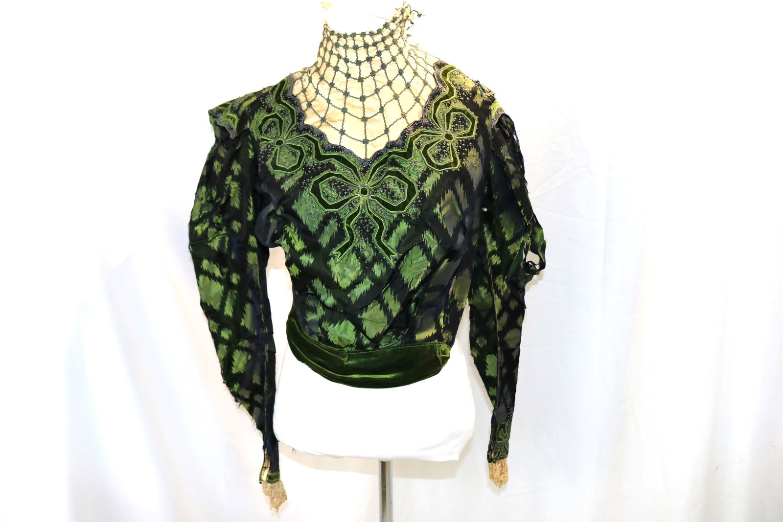 Antique Victorian old store stock silk green embroidered & beaded bodice: approx. 34 bust, 24 waist, has frayed see photo's