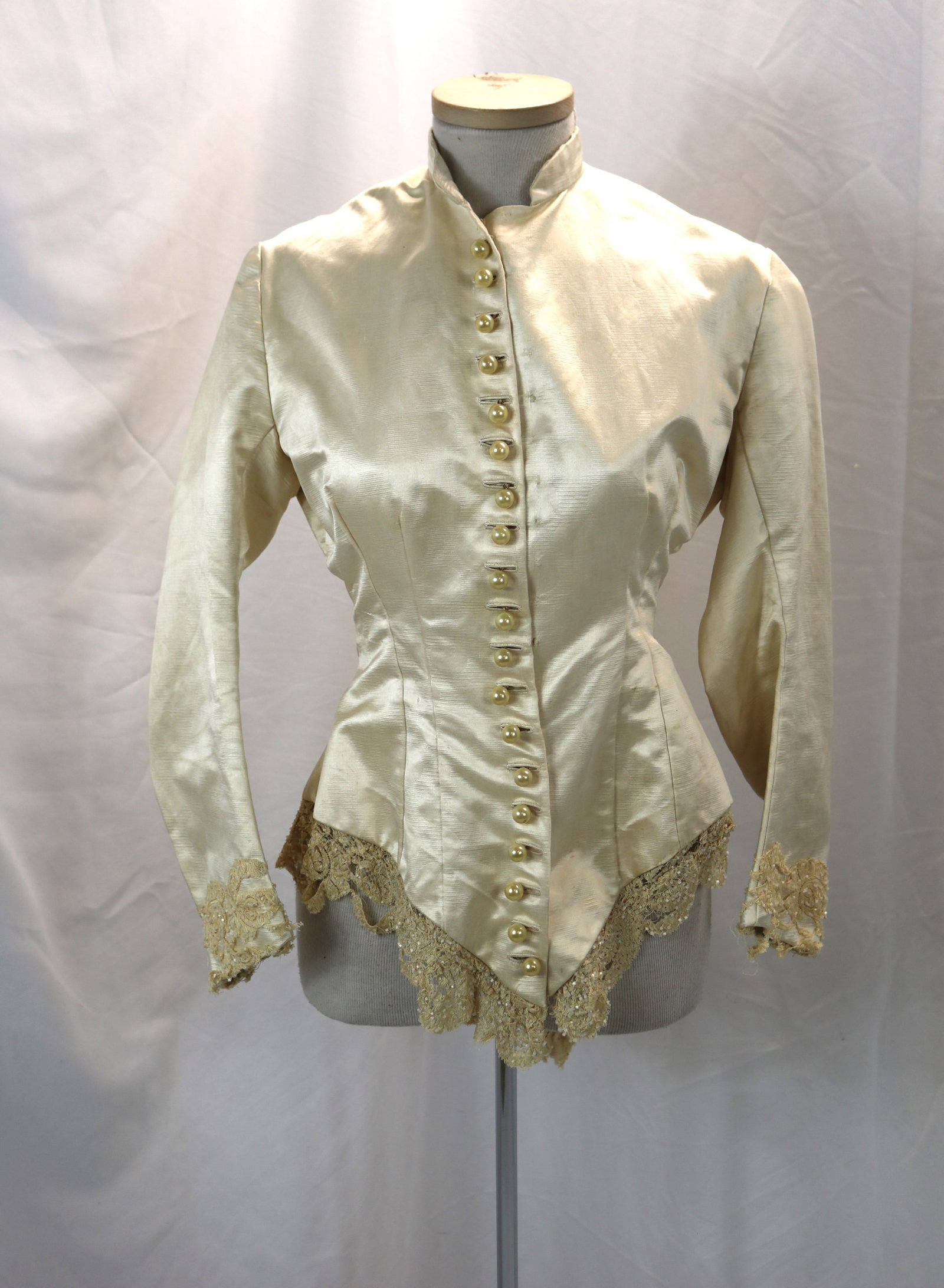 Antique 1870's white satin bodice with lace & beading: approx. 30 bust, 24 waist, some missing beads, some lace damage, underarm discoloration & some other small spots, see photo's