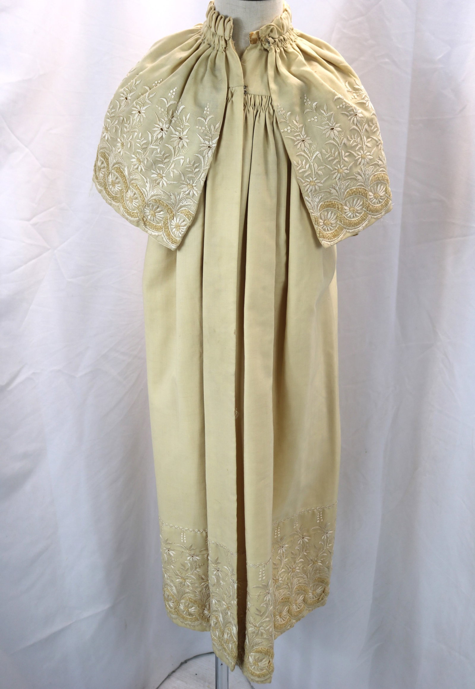 Victorian ecru baby's coat with embroidered shawl collar: approx. 24 bust, 34 waist, one pin dot spot, tiny hole under arm, lining is frayed & stained, a few small holes, see photo's