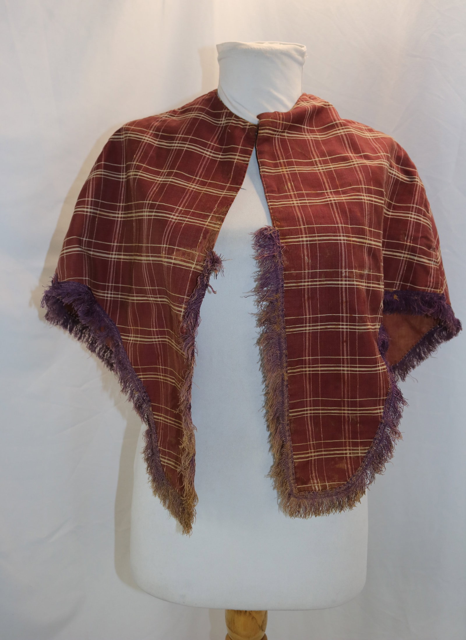 Antique 1860's maroon cape with purple fringe: has fabric fray & discoloration, see photo's
