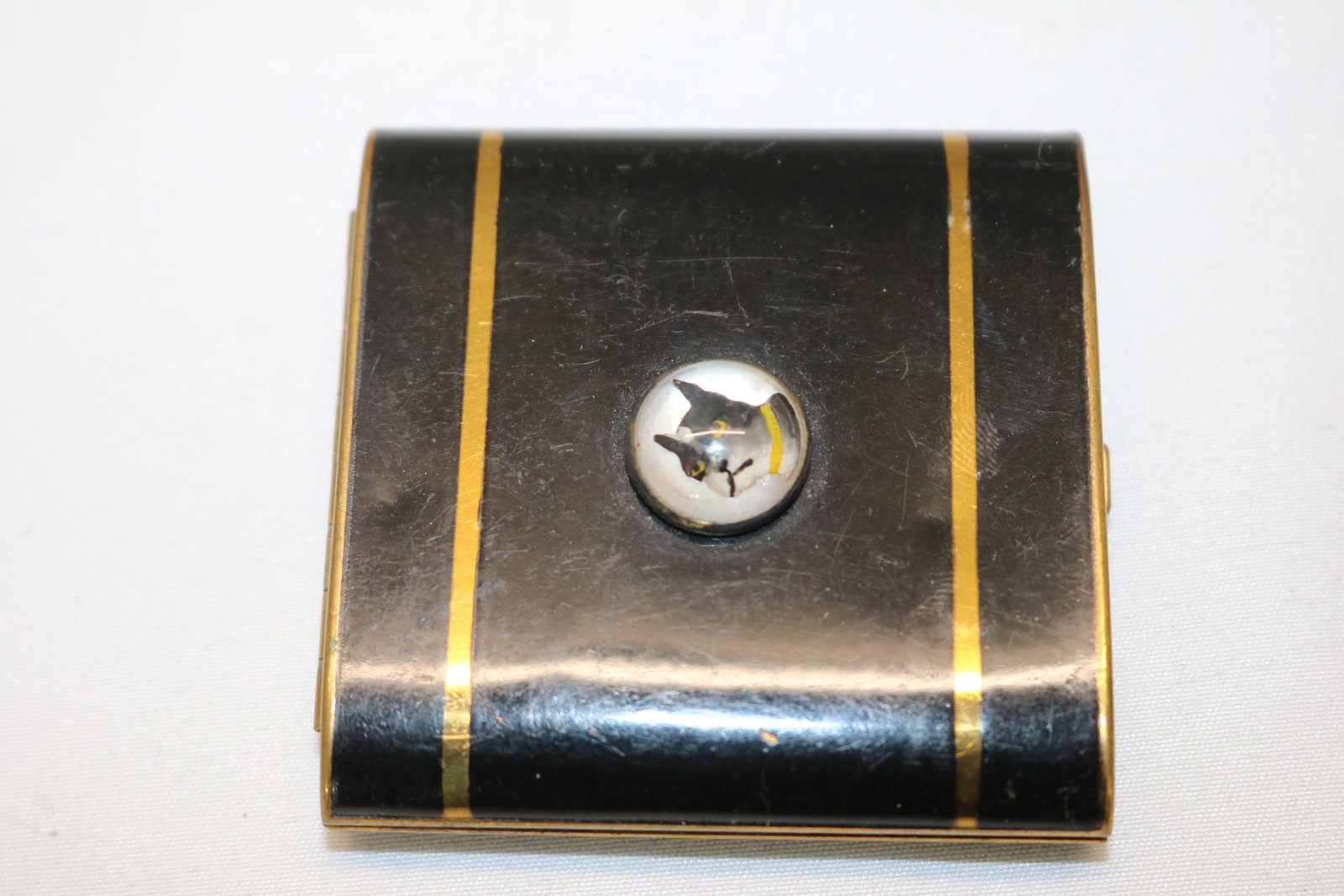 Vintage Black Compact with Paperweight Boxer Dog Embellishment: approx. 2 1/4 inches square, see photo's