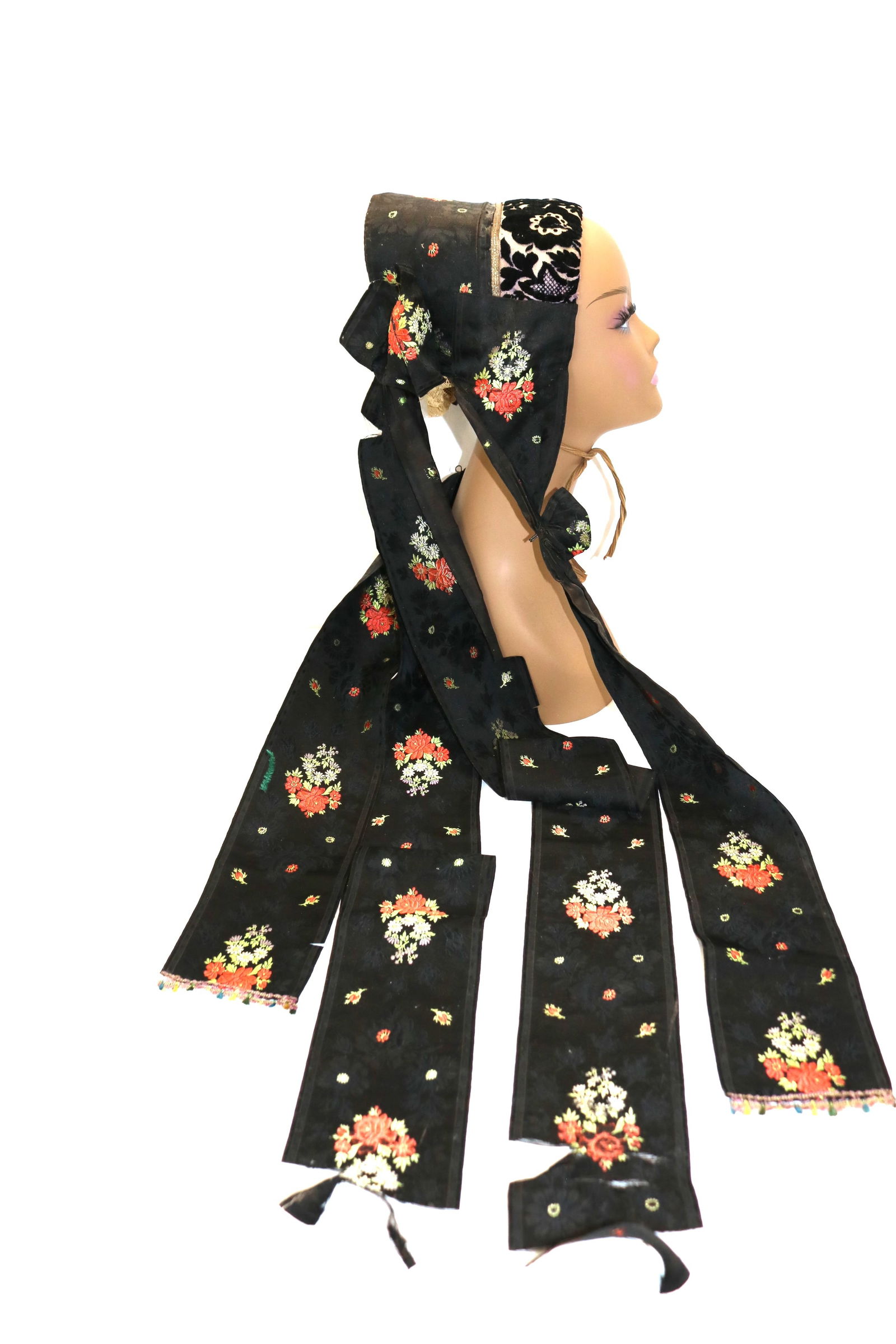 Antique early 1800's black brocade bonnet with cut velvet trim & metallic sequin & red jewels (1 of 16)