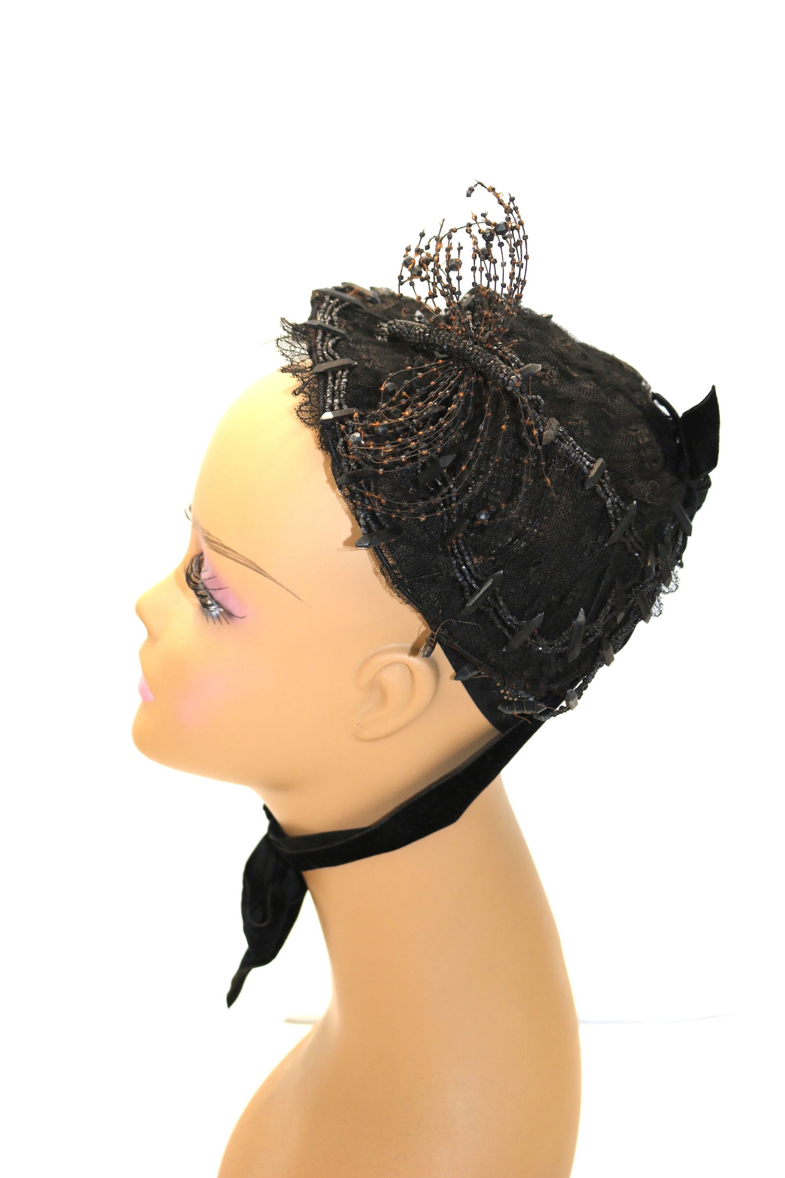 Antique Civil War era black lace bonnet with jet beading & beaded & wired butterfly (1 of 10)