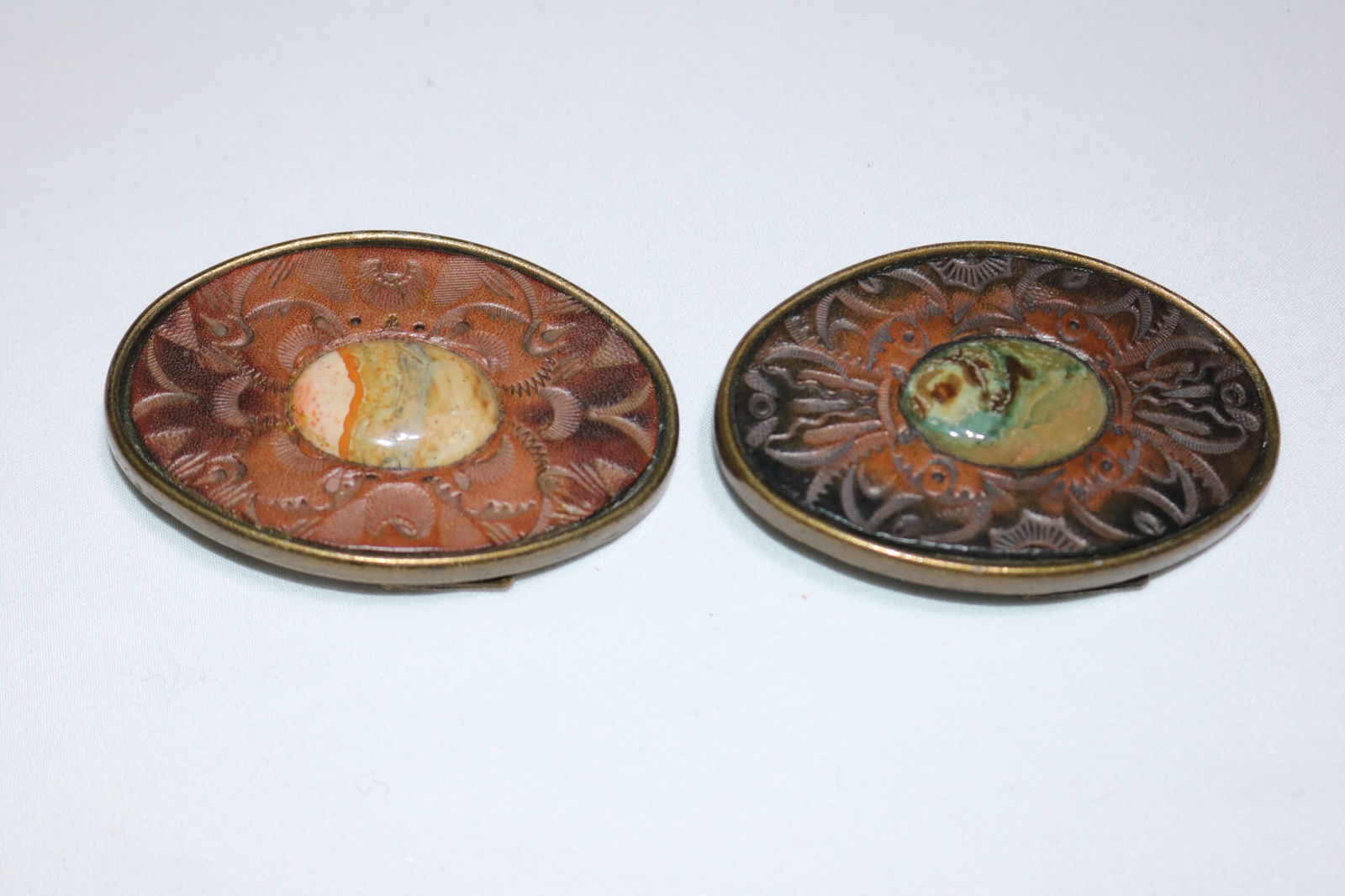 Pair of Vintage Tooled Leather Oval Belt buckles with Large Natural Stones (1 of 4)