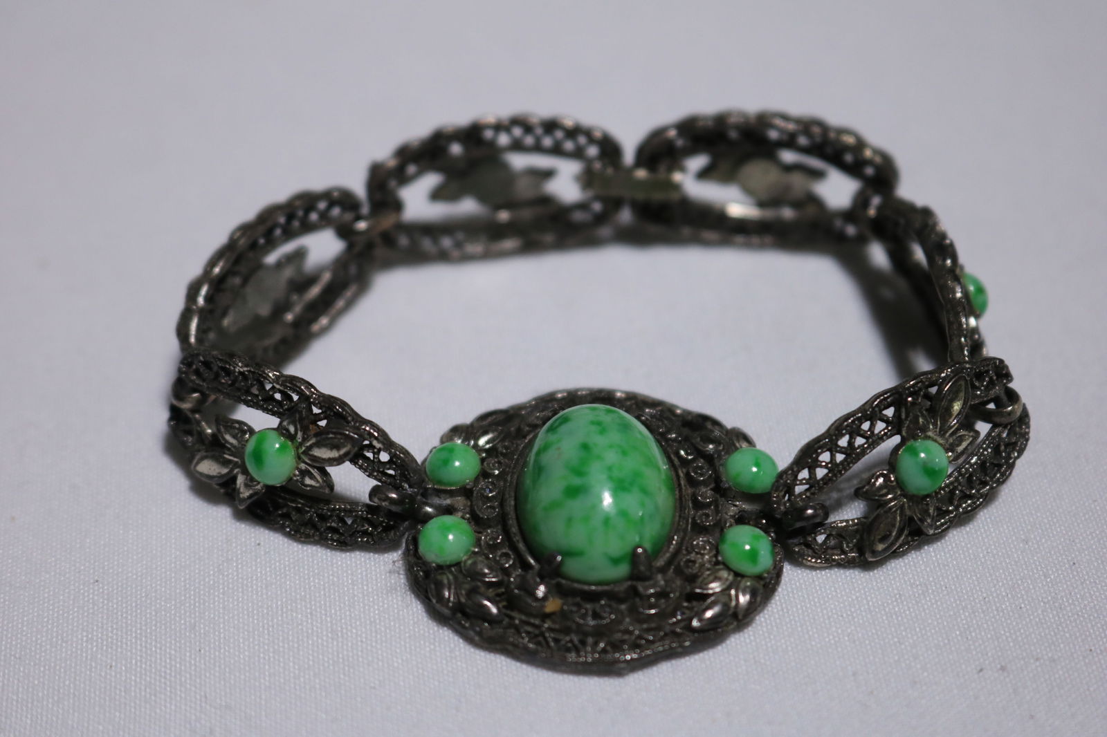 Vintage Embossed Silver Tone Bracelet with Jade Stones (1 of 7)