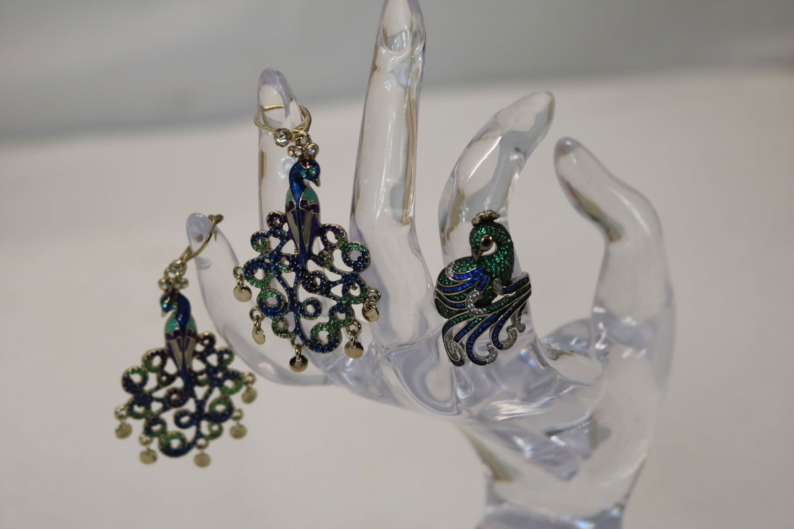 Vintage Sterling Peacock Ring with Crystal Stones, & Earrings (1 of 10)