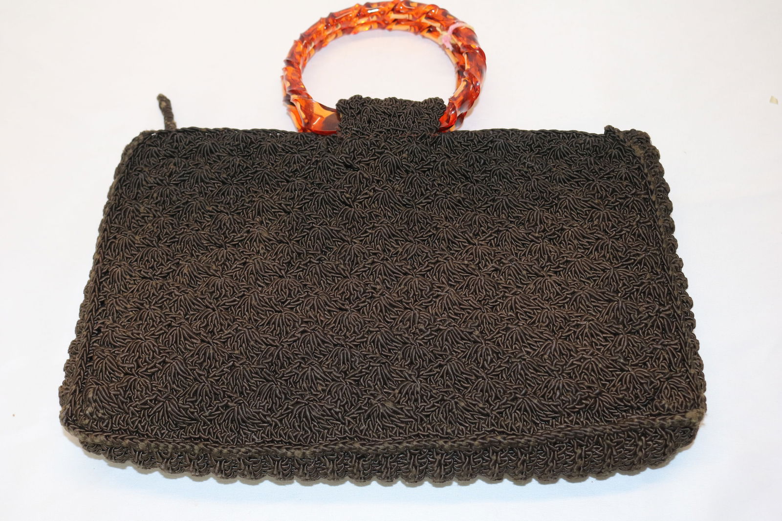 vintage 1940's brown corde crochet arm bag with Lucite handles: approx. 9x12, needs a repair at lining seam & some edge wear, see photo's