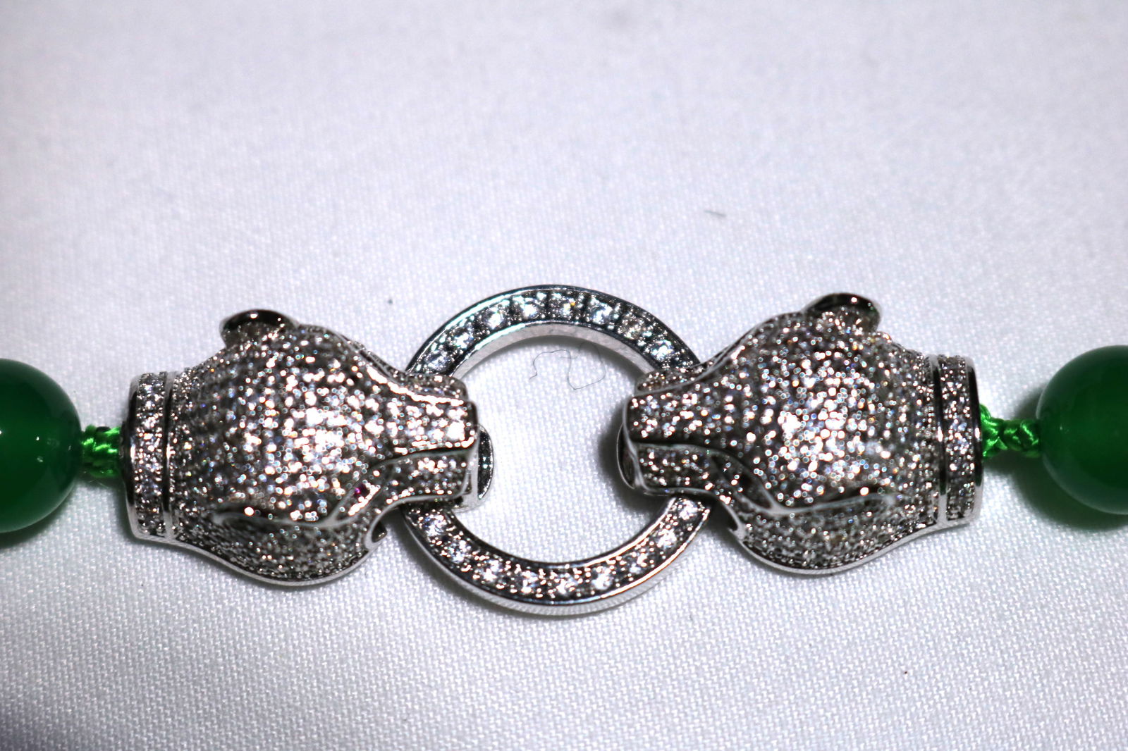 Vintage Jade Hand Knotted Necklace with Crystal Covered Leopard Heads (1 of 6)