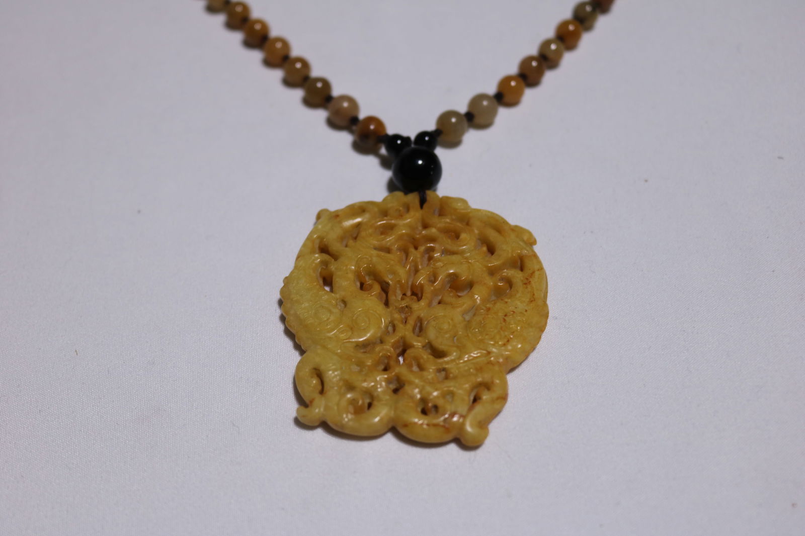 Vintage Golden Jade Pendant with Double Dragons & Hand Knotted Beaded Necklace (1 of 6)