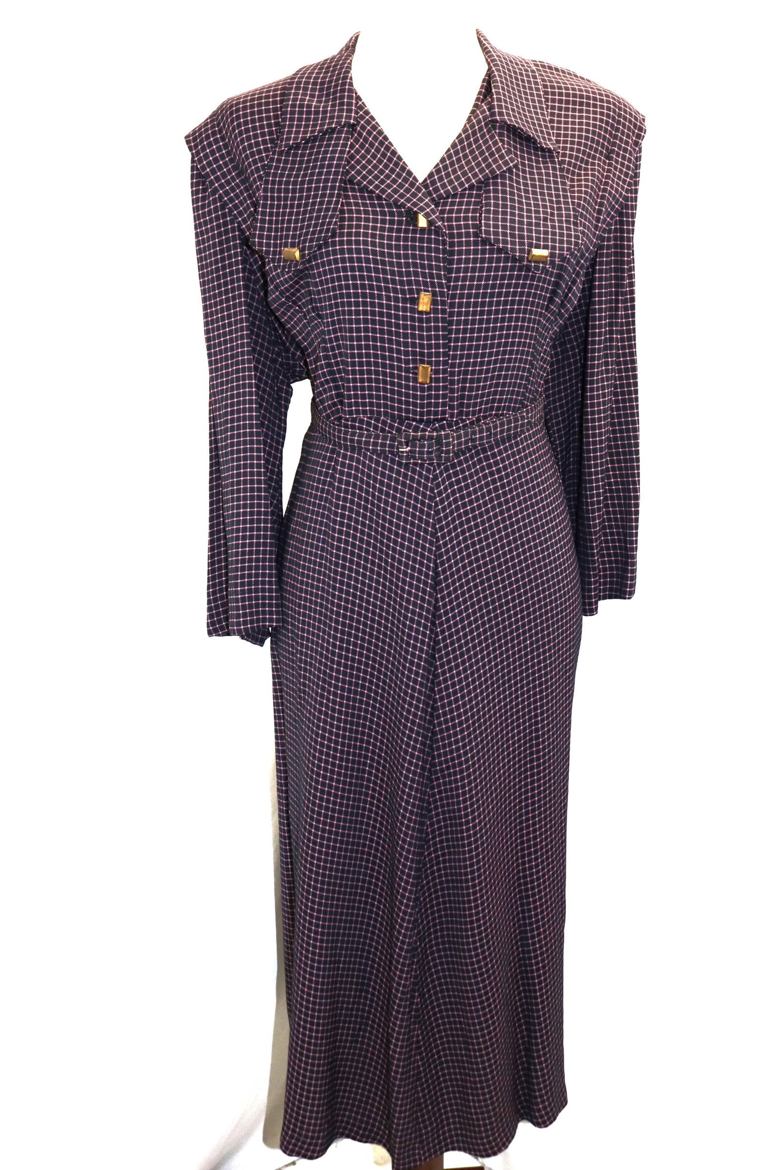 Vintage 1940's Cotton Navy & Pink Checkered Day Office Dress: approx. 48 bust, 42 waist, good condition, see photo's