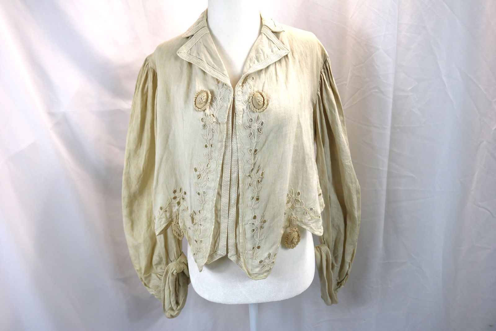 Early 1900's Linen Jacket with Corde Trim & Tassels: approx. 42 bust, couple tiny spots, strong wearable condition, see photo's