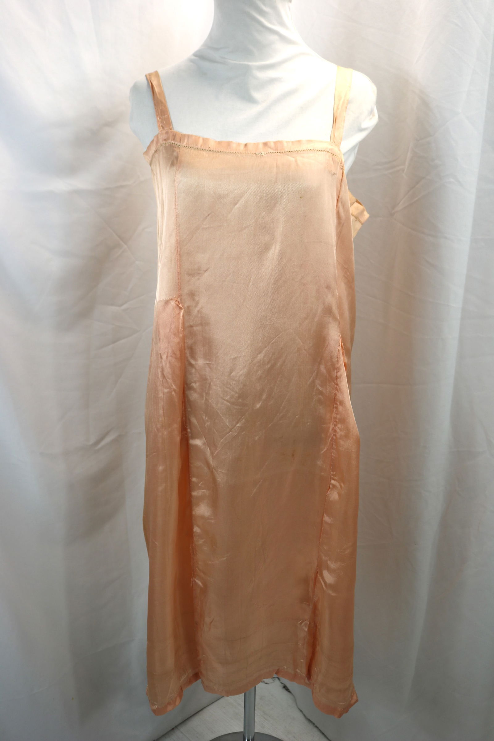 Vintage 1920's Peach Rayon Slip: approx. 36 bust and waist, needs repair at back bottom seam, shows where it was taken up and let down, see photo's