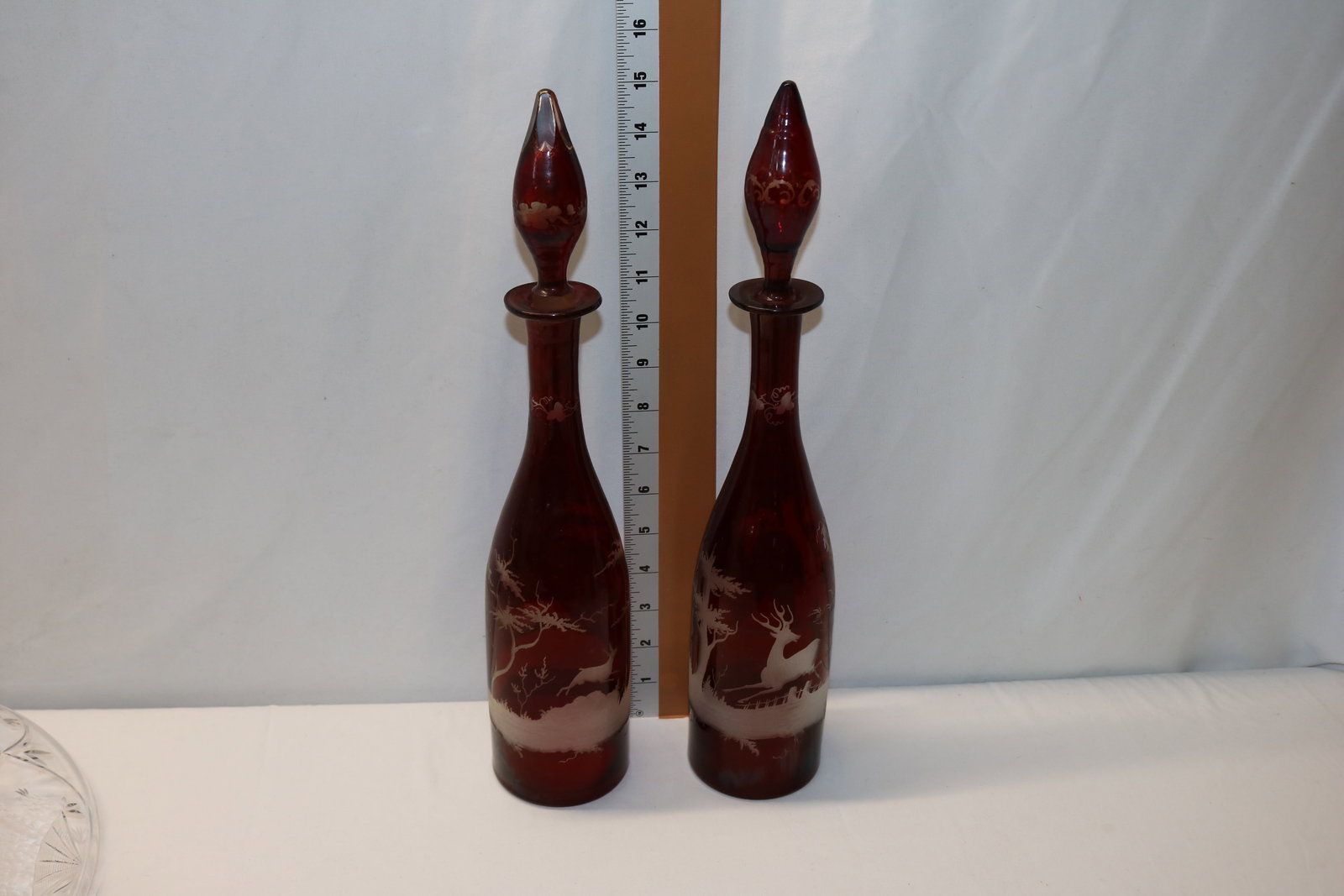 Pair Bohemian Red Engraved Decanters (1 of 5)