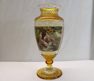 Stunning 1910 Amber Stained Intricately Cut Glass Bohemian Vase with Goddess Scene