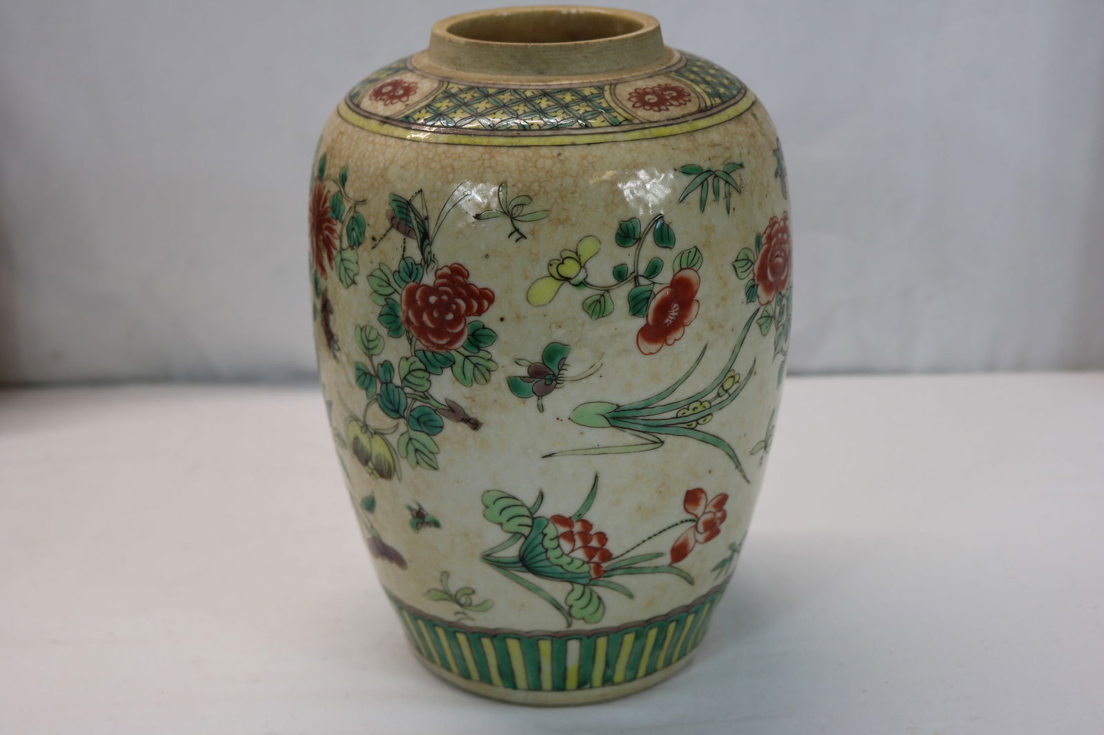 Antique Chinese Hand Painted Porcelain Vase with Flowers, Grasshoppers & Bees, Signed & Red Stamp (1 of 5)