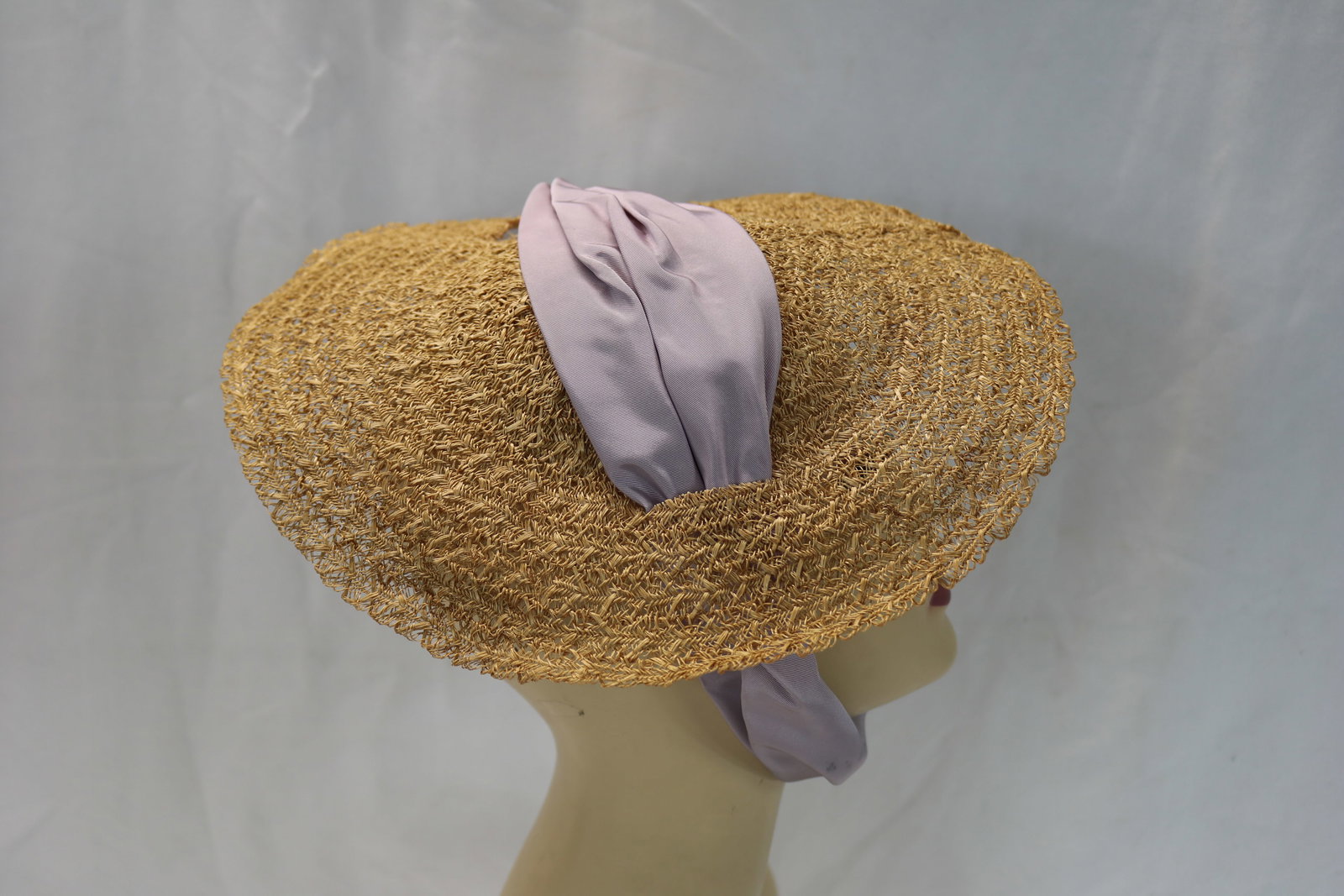 Vintage R H Stearns Custom Made Straw Hat with Purple Ribbon: ribbon needs to be stitched together, I believe it should have been behind not on front, see photo's