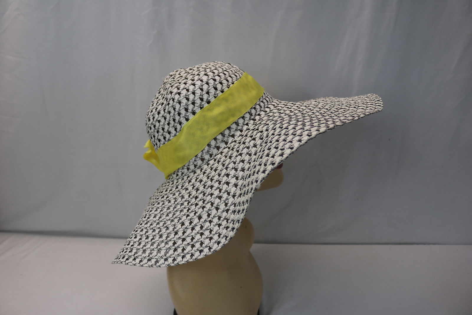 Vintage Extra Wide Brim Floppy Hat, Black & White with Yellow Ribbon (1 of 7)