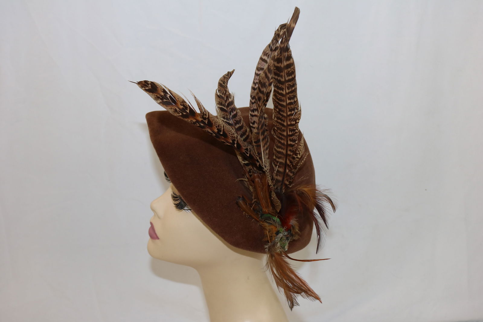 Vintage Willoughby Brown Plush Felt Hat with Pheasant Feathers (1 of 9)