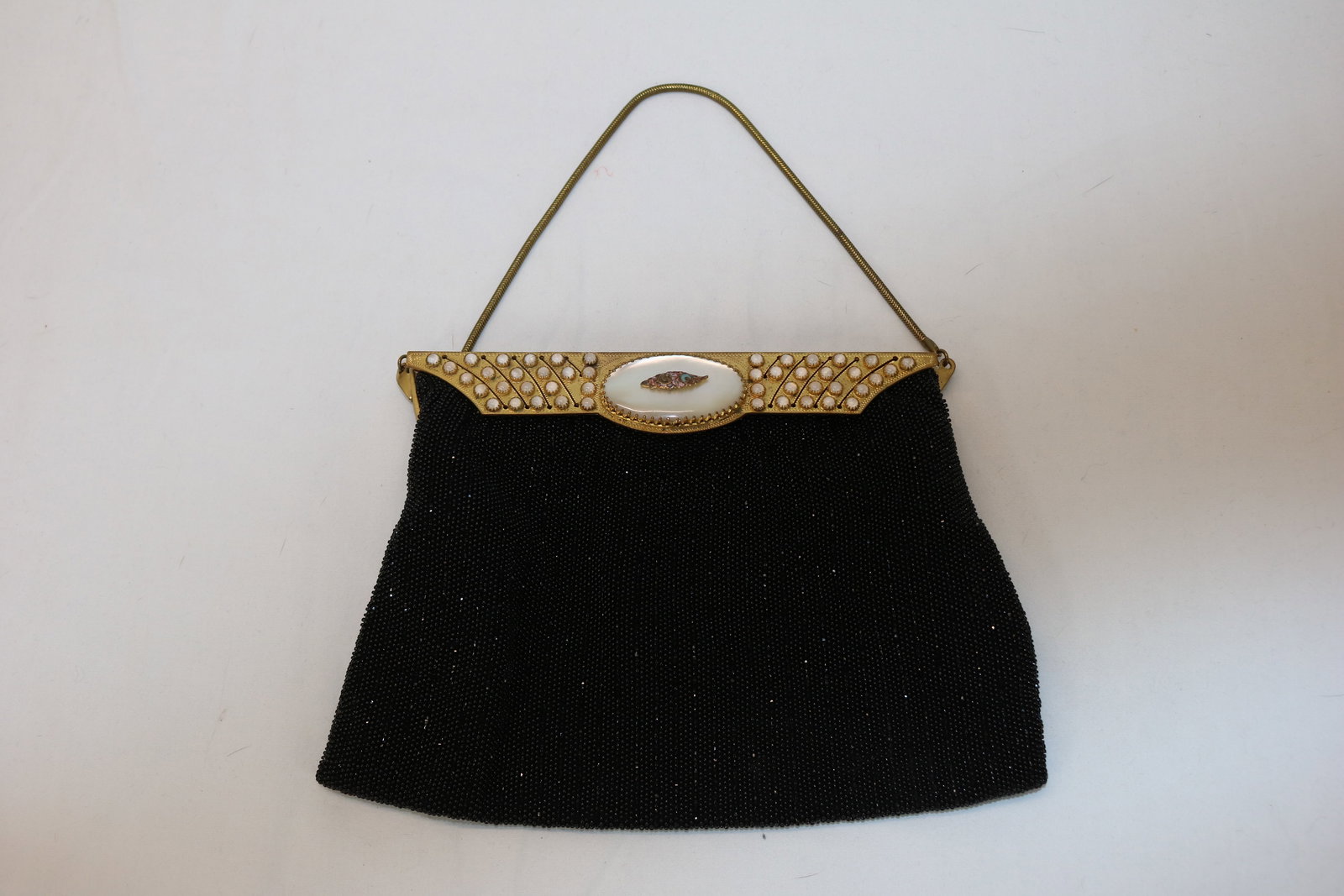 Vintage 1950's Black Beaded Evening Bag with Gold Etched Frame & Mother of Pearl Clasp (1 of 11)