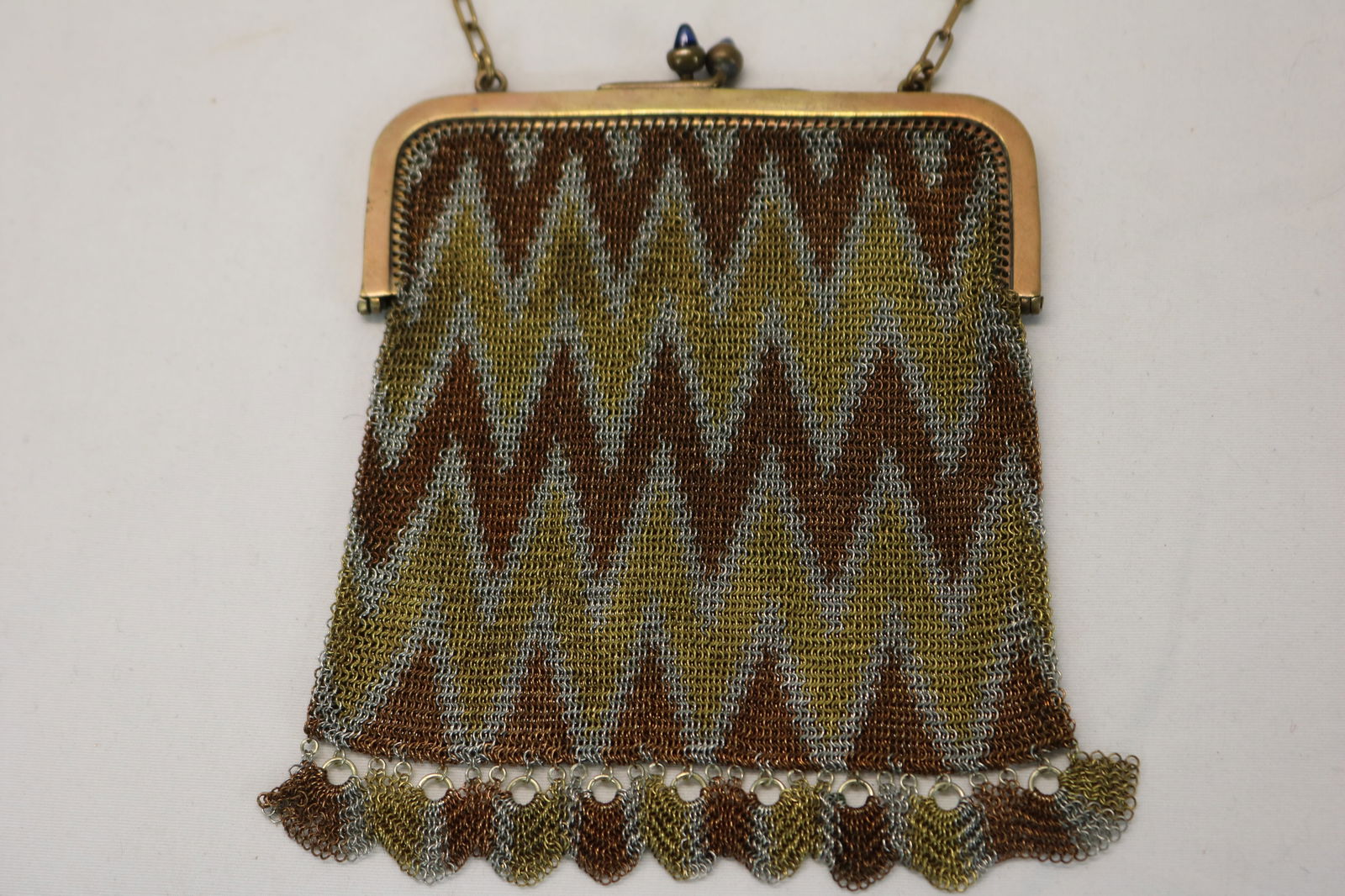 Vintage Deco Chain/Mesh Purse with Zigzag Pattern, Navy Stones on Clasp (1 of 5)