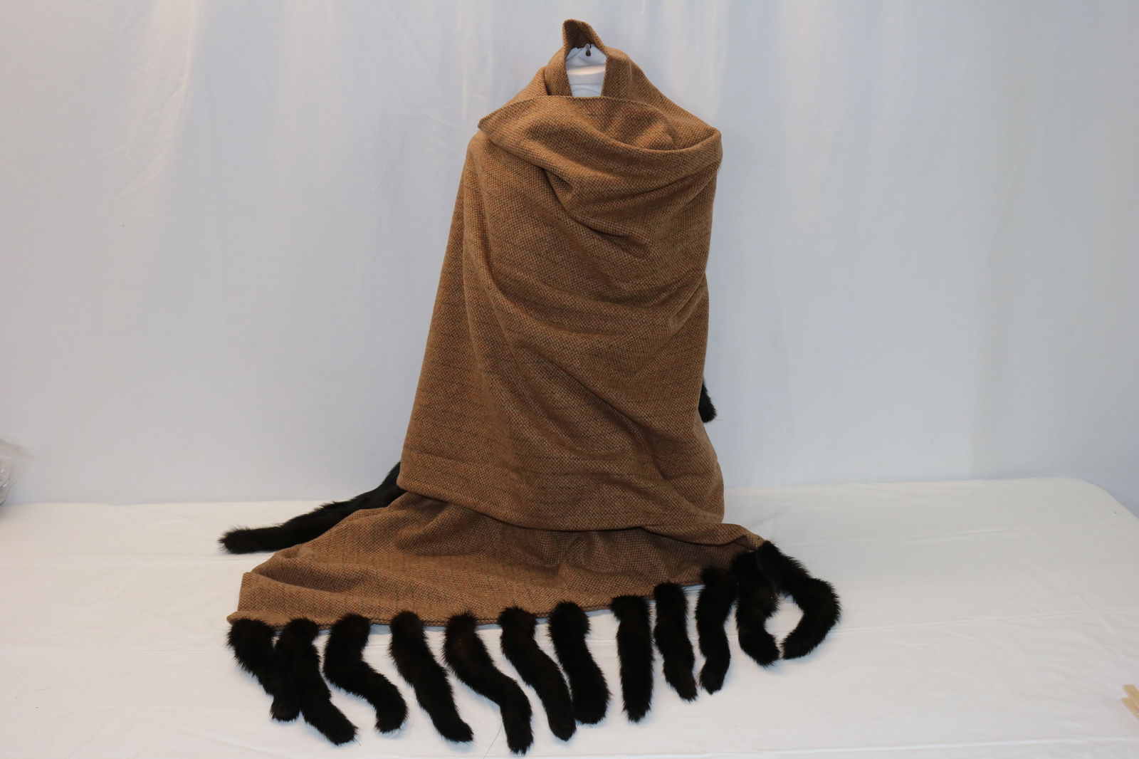 Beautiful Vintage Brown Wool Shawl with Mink Tails: approx. 76 long, 30 wide, not including 7 inch tails, good condition, see photo's