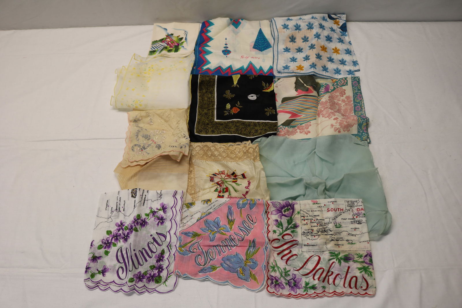 Lot of 13 Vintage Hankies, State's, Faith Austin, Silk & Other: see photo's