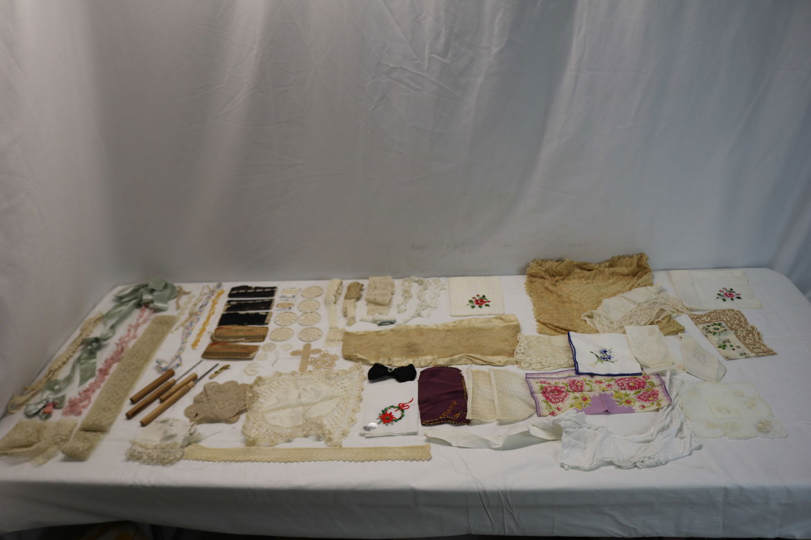 Large Lot of Sewing, Lace, Ribbon, & Hankies: see photo's
