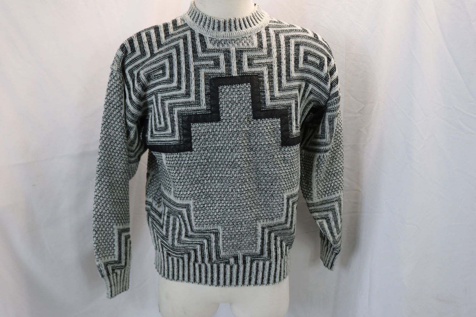 Vintage 1980's Chia Men's Black & White Pullover Sweater with Leather (1 of 6)