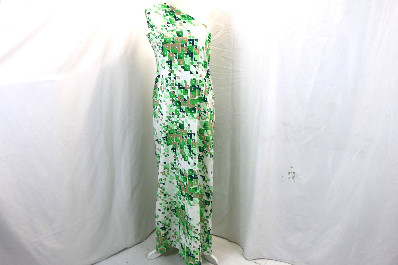 Vintage 1970's Green & White Abstract Block Print One Shoulder Maxi Dress (1 of 6)