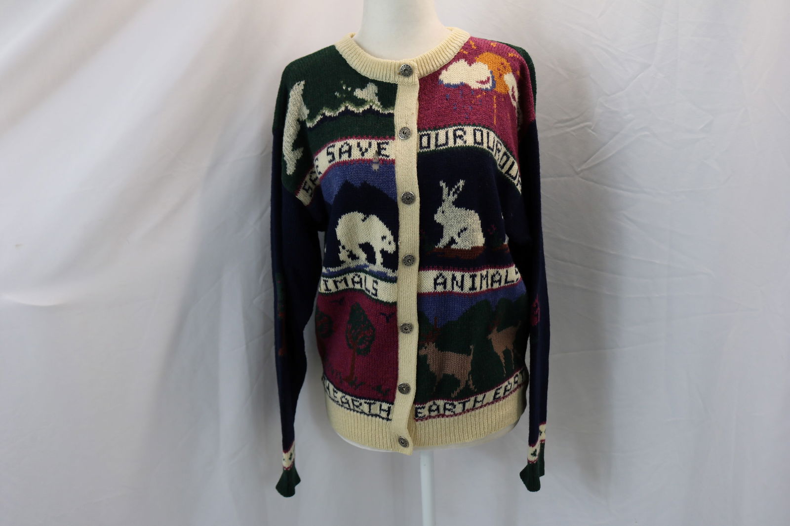 Vintage 1980's Knit Wool Animal Print Cardigan Sweater, Save Our Animals (1 of 8)