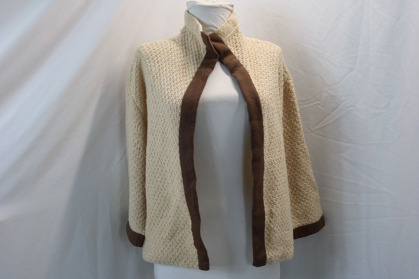 Vintage Tan Hand Knit Cardigan Sweater with Brown Wool Trim (1 of 4)