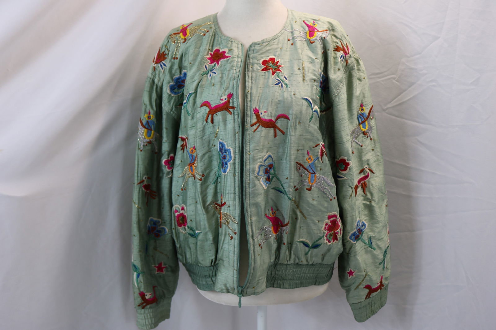 Vintage 1980's Silk Embroidered Jacket with Animals, Flowers, People on Horses (1 of 8)