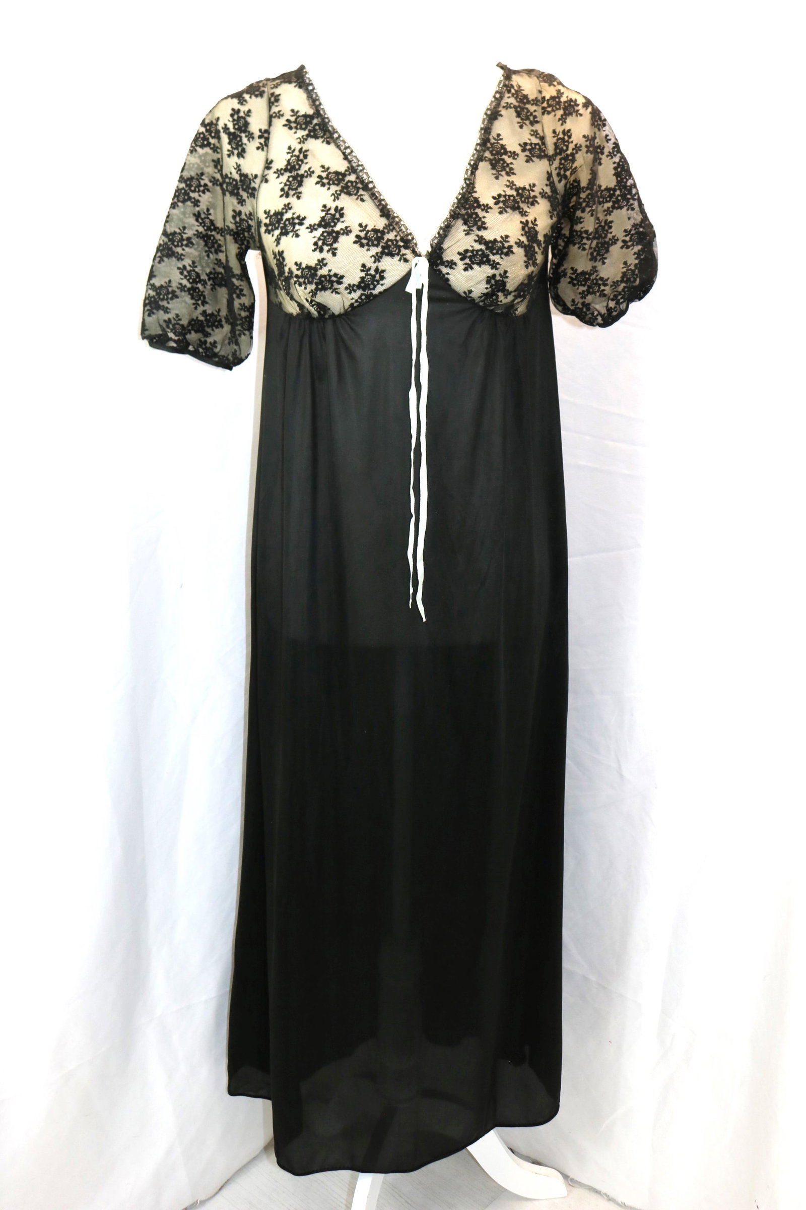 Vintage 1950's Black Nylon & Lace Nightgown by Movie Star: approx. 32 bust, under arm seam needs repair, small hole, see photo's