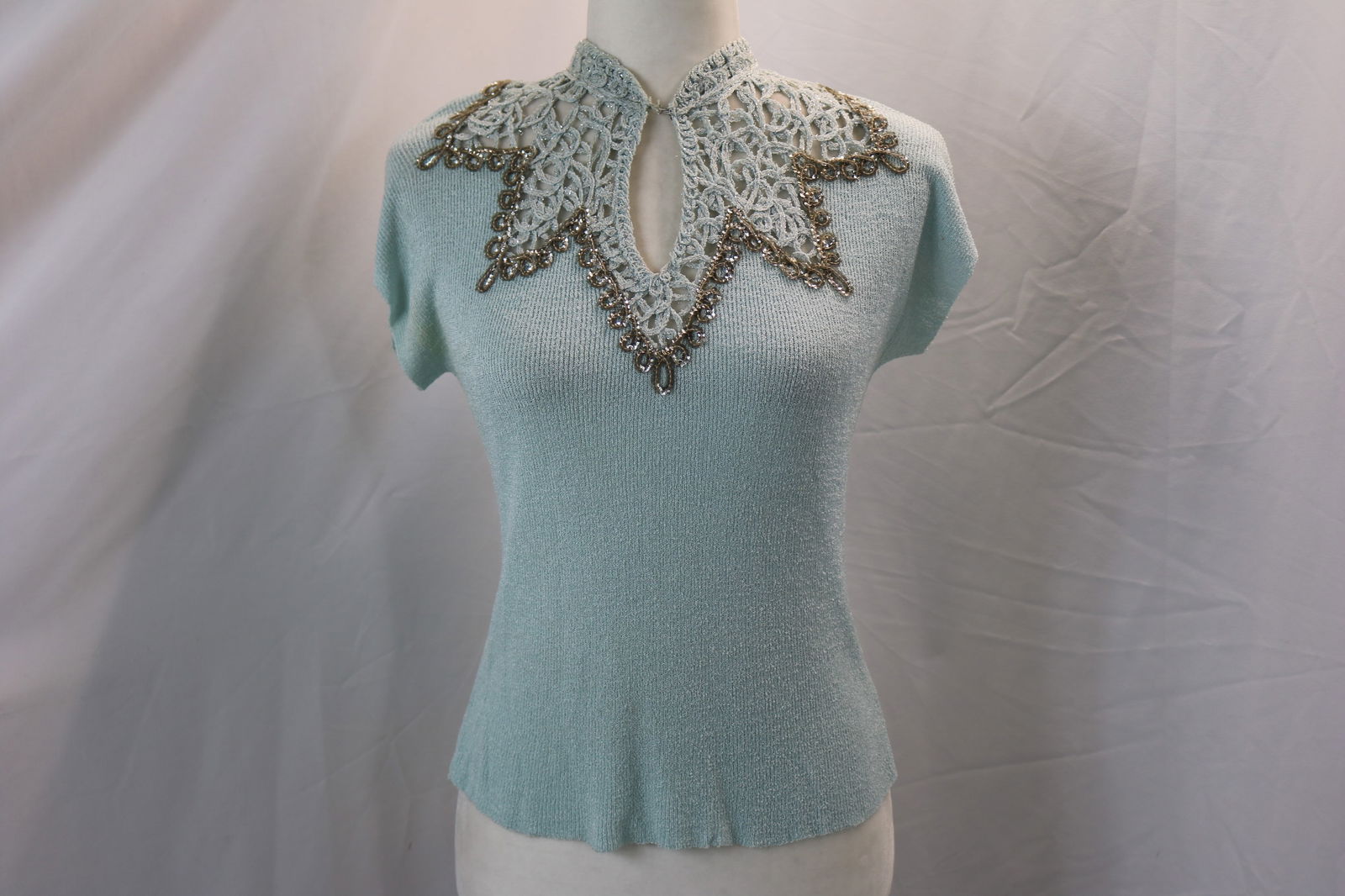 Vintage 1950's Blue Knit Sweater with Sequin & Braid Detail (1 of 7)