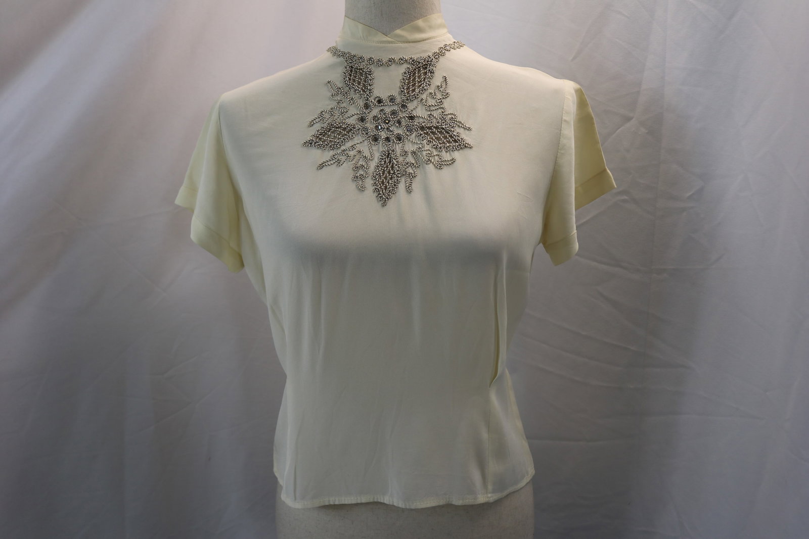 Vintage 1940's Sybil Cream Color Rayon Blouse with Cord & Rhinestone Embellishment: size 32, good condition, see photo's